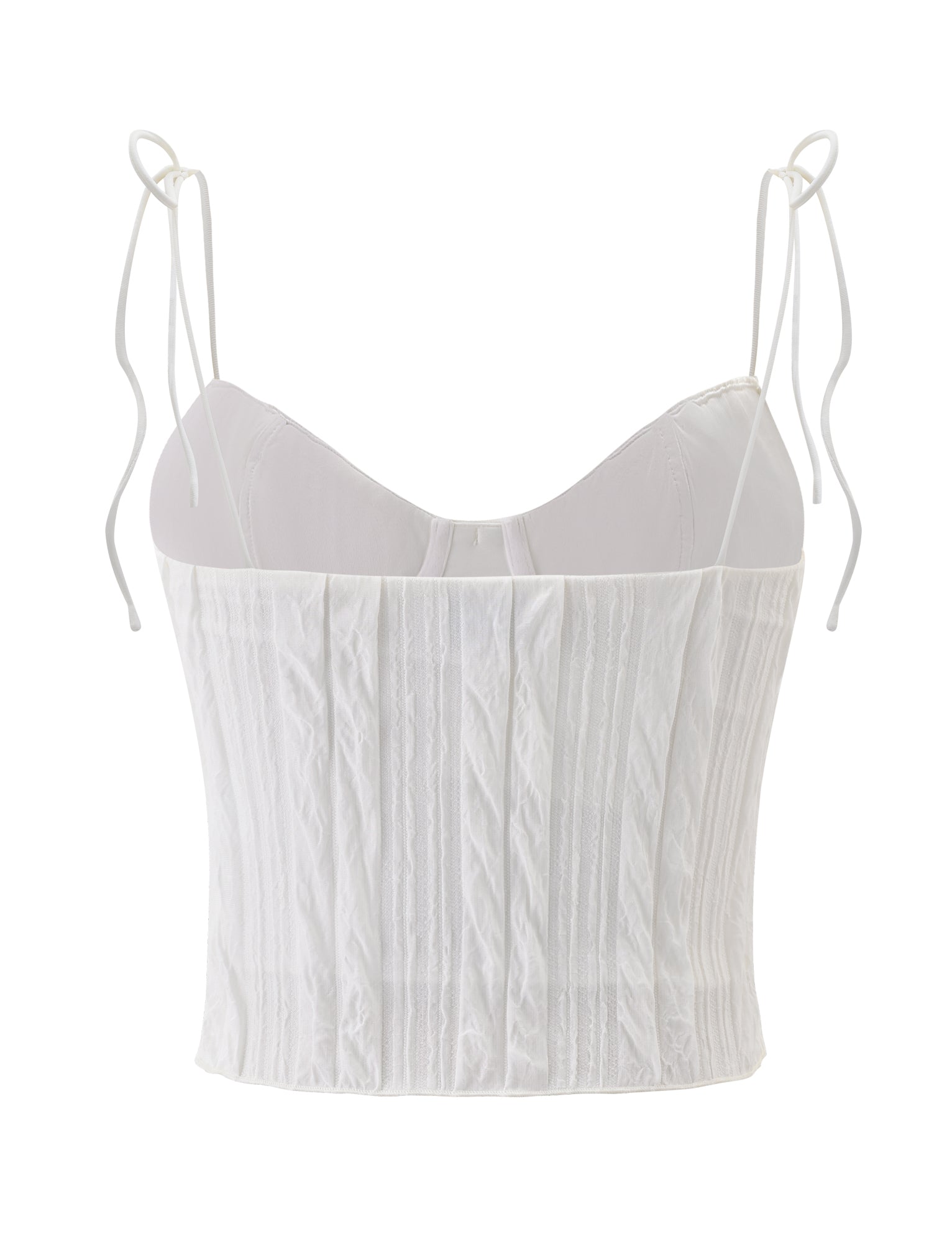 The TIGERMIST RANIA TOP in off-white is a corset-style crop top with strappy, bow-tied shoulder straps and vertical seam detailing on the front.