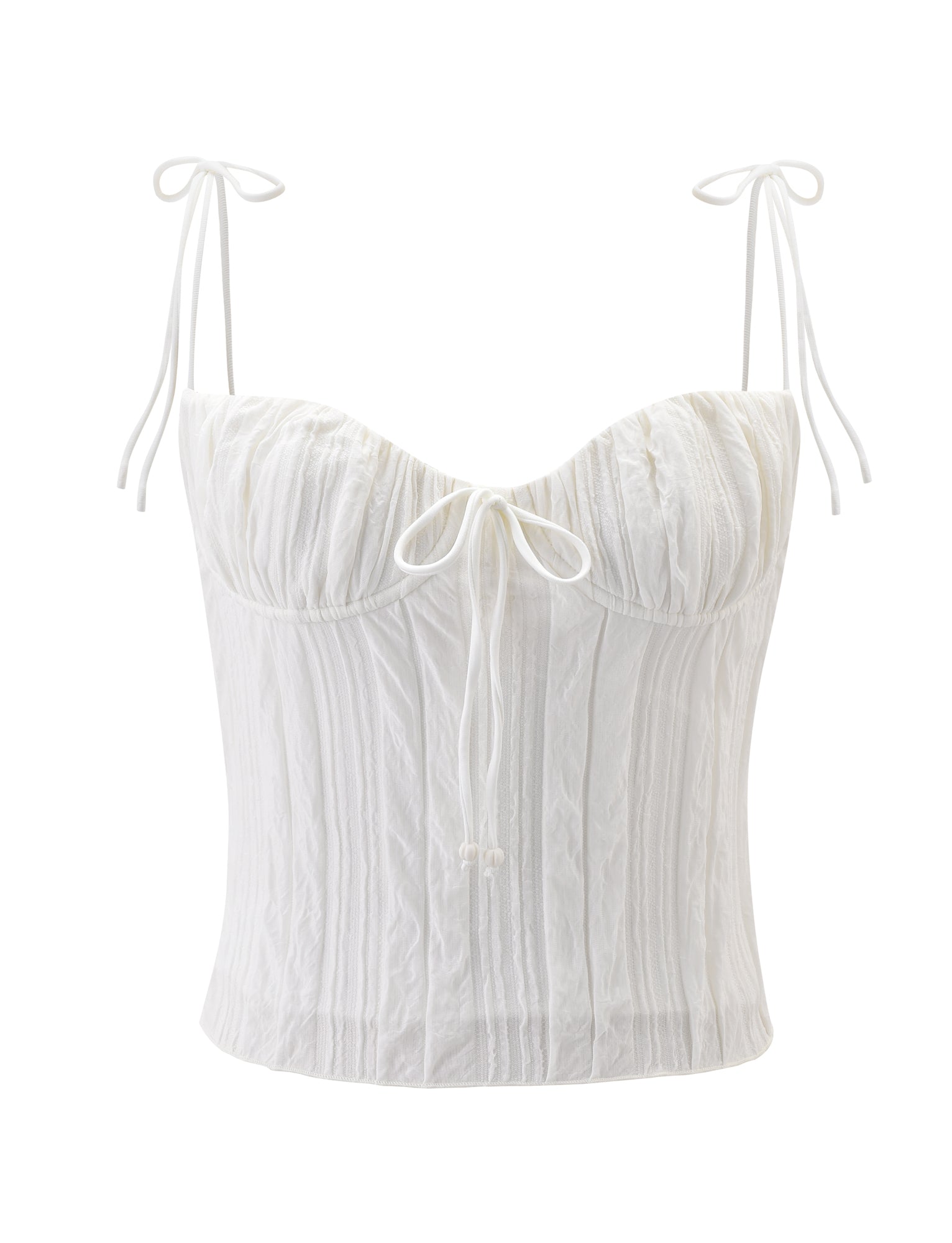 The RANIA TOP - OFF WHITE by TIGERMIST features strappy bow-tied shoulders, a sweetheart neckline, front tie detail, vertical seams, and is made from textured fabric for a charming corset-inspired look.