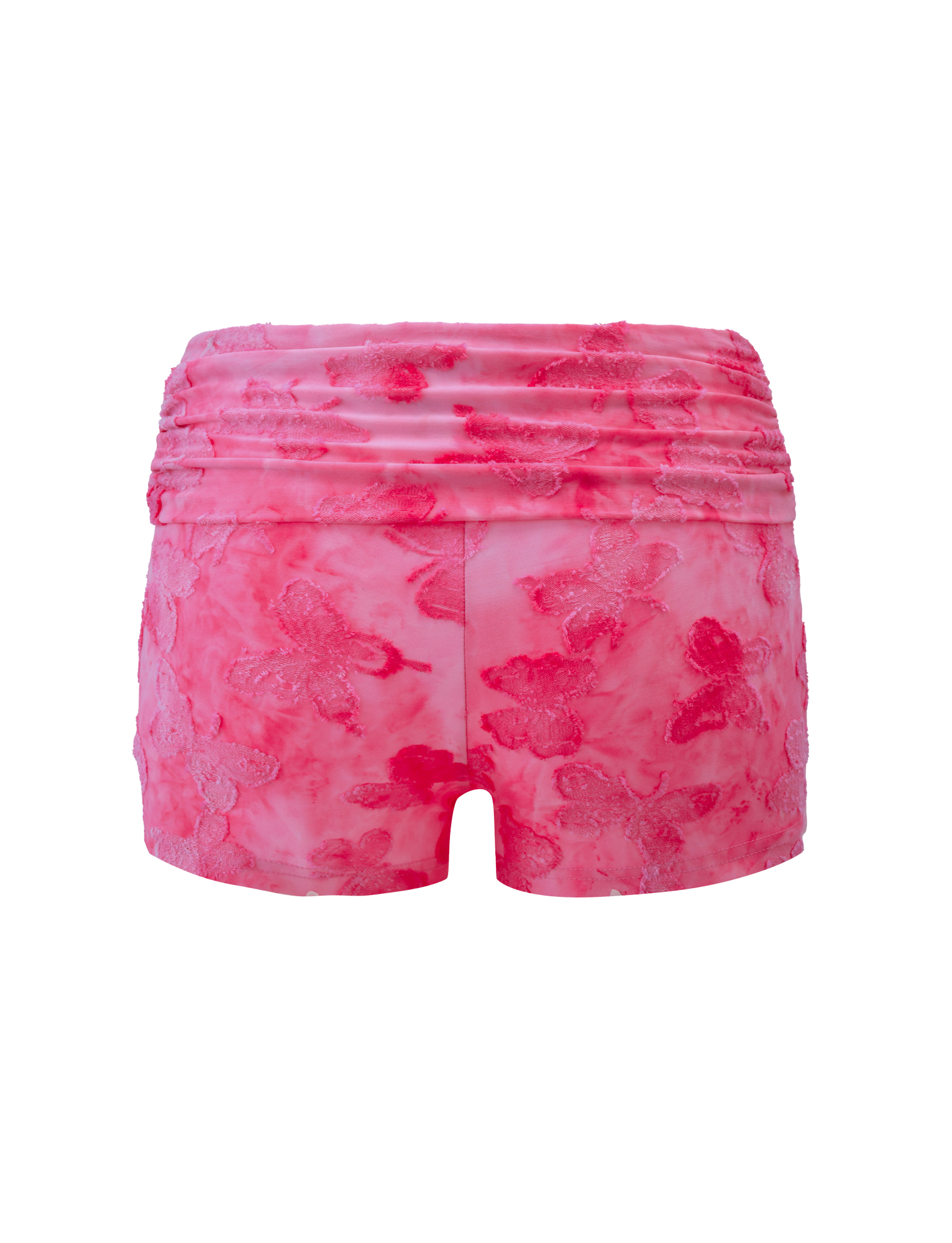 The PATRIZIA SHORT - PINK BUTTERFLY by TIGERMIST are pink high-waisted mini shorts with a ruched waistband and shiny, textured butterfly patterns, shown against a white background.