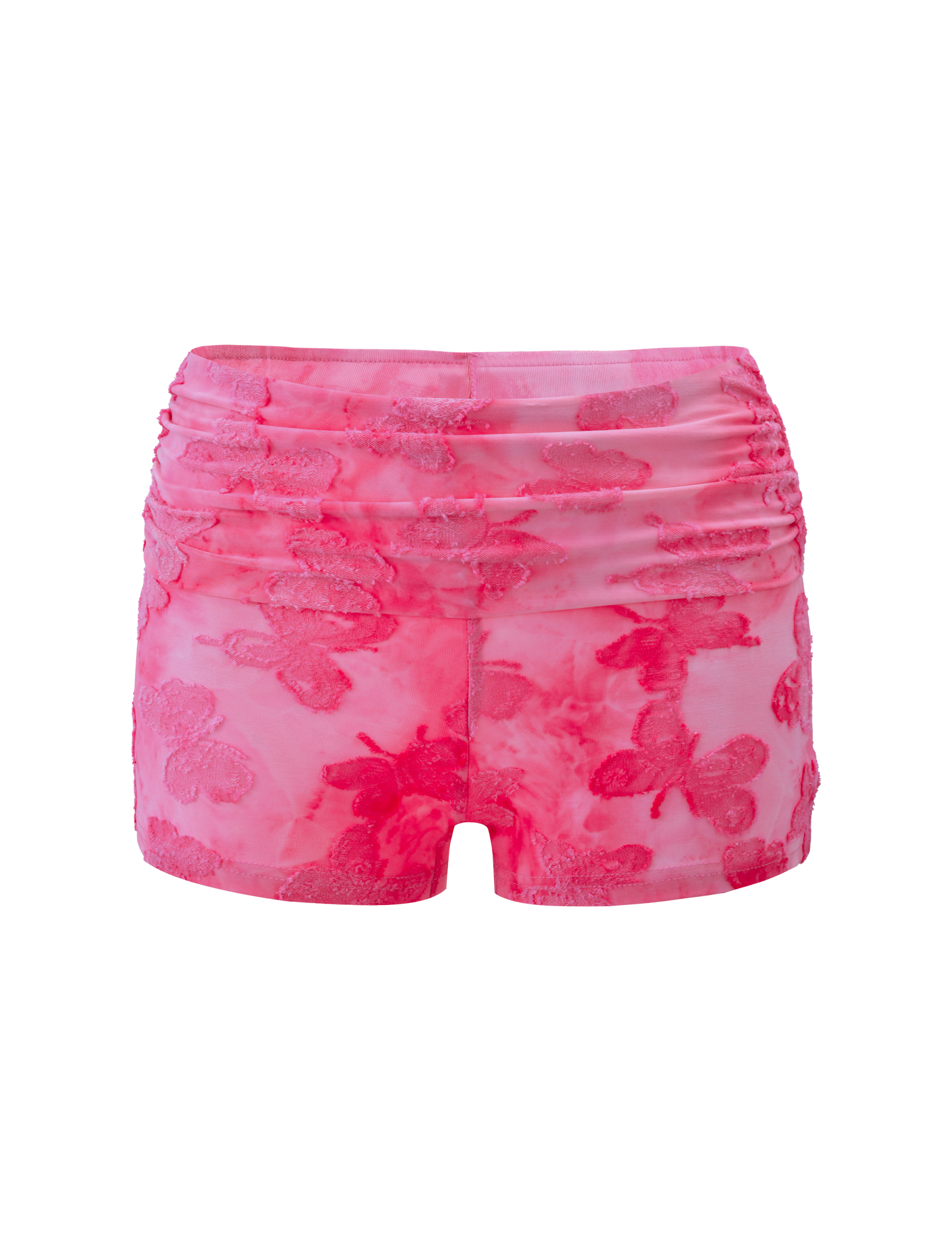 The TIGERMIST PATRIZIA SHORT - PINK BUTTERFLY features a bright pink hue, ruched waistband, embroidered floral pattern, textured flower designs, and a delicate butterfly appliqué for a chic standout look.