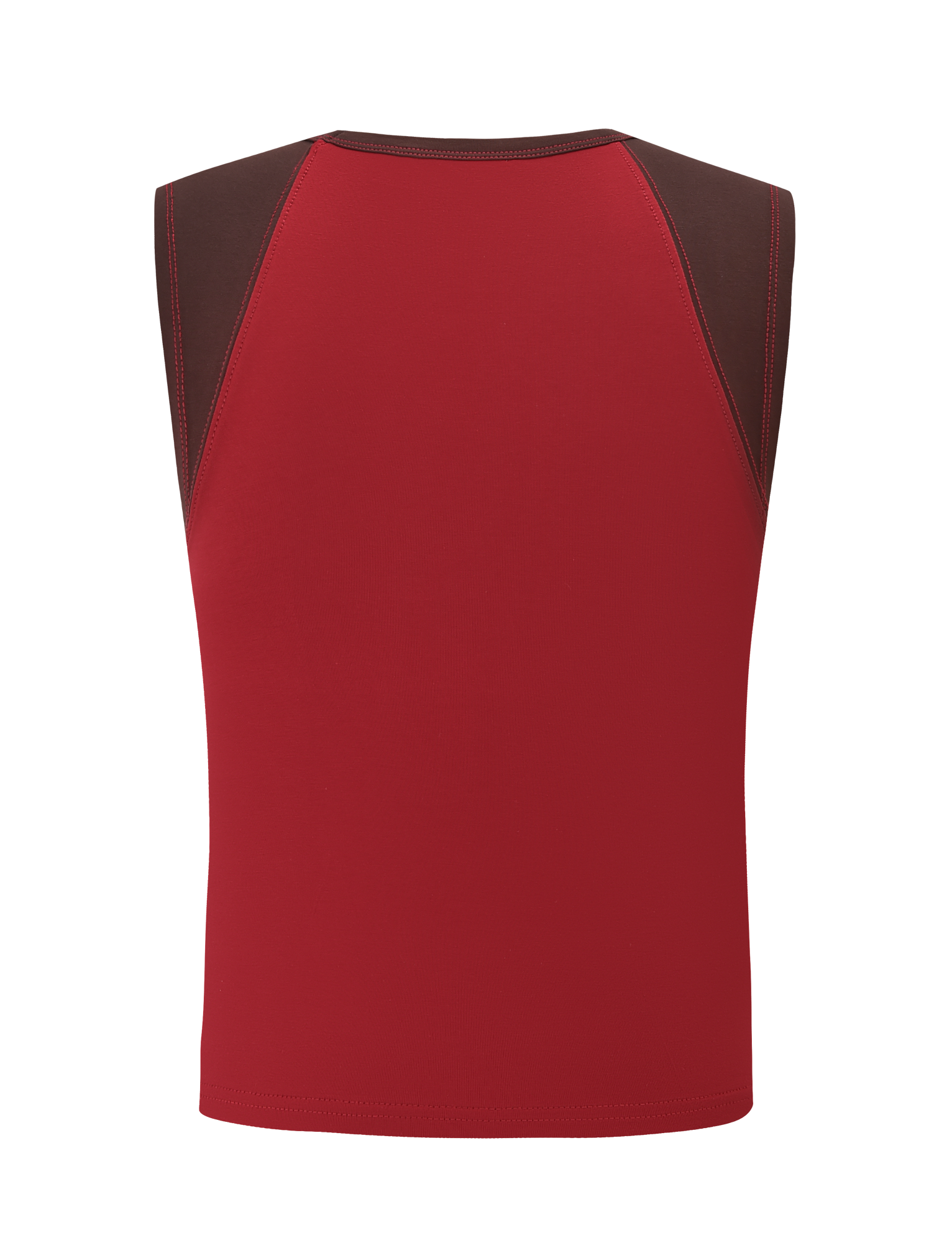 The TIGERMIST FIERA TEE - RED is a high neck raglan top featuring a red body, dark brown shoulder panels, and red stitching on smooth, fitted fabric. Shown from the back for a sleek look.