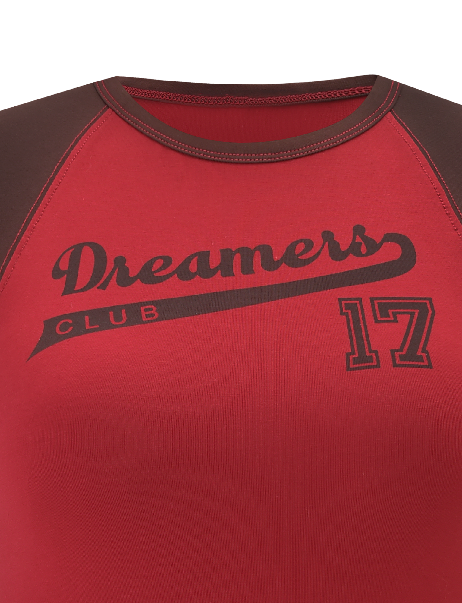 The FIERA TEE - RED by TIGERMIST is a high neck raglan baseball top with brown sleeves and an exclusive "Dreamers Club 17" front print.