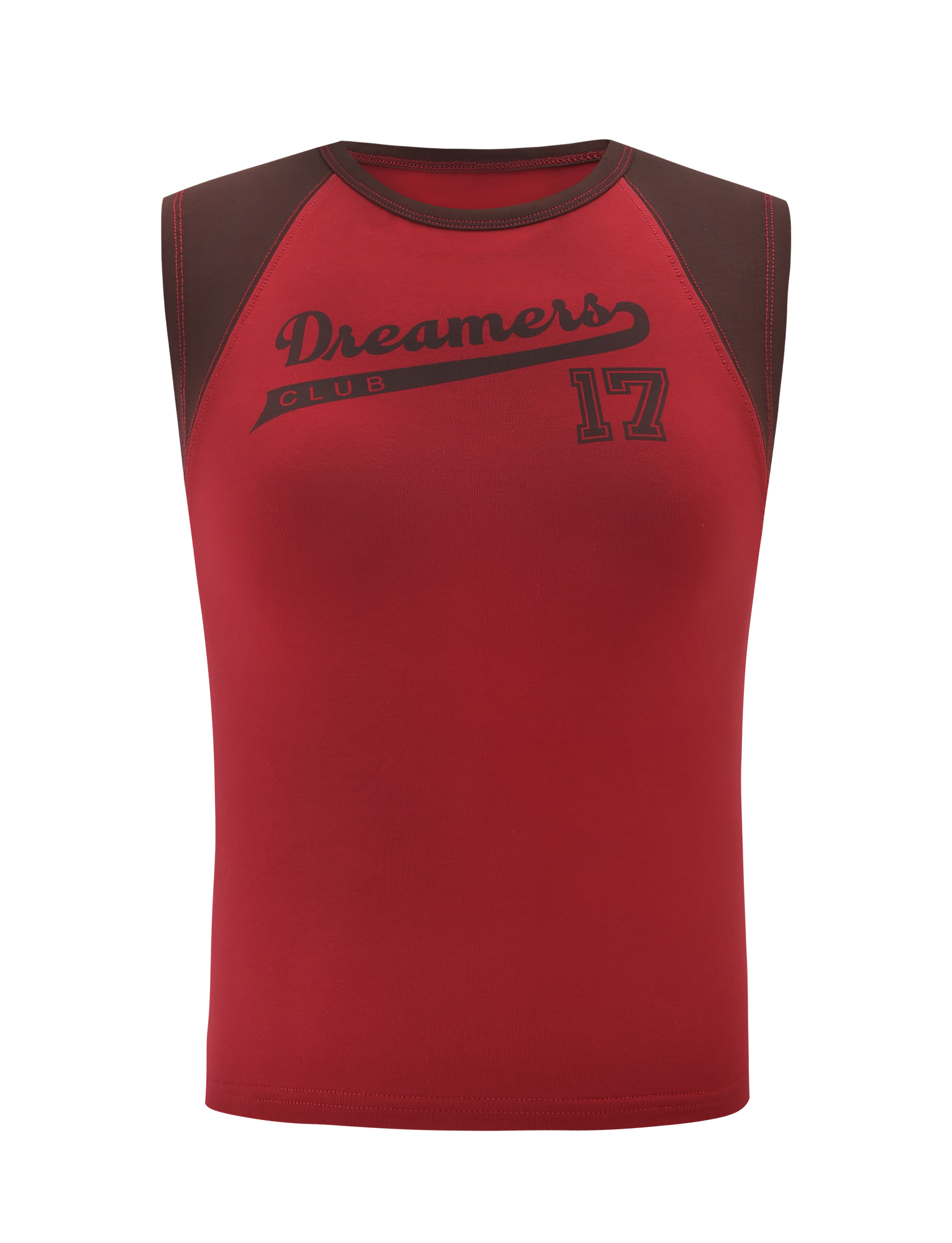 The FIERA TEE - RED by TIGERMIST is a sleeveless athletic shirt with maroon shoulders, featuring the exclusive "Dreamers Club" print and number 17 on the front in a fitted design that stands out.