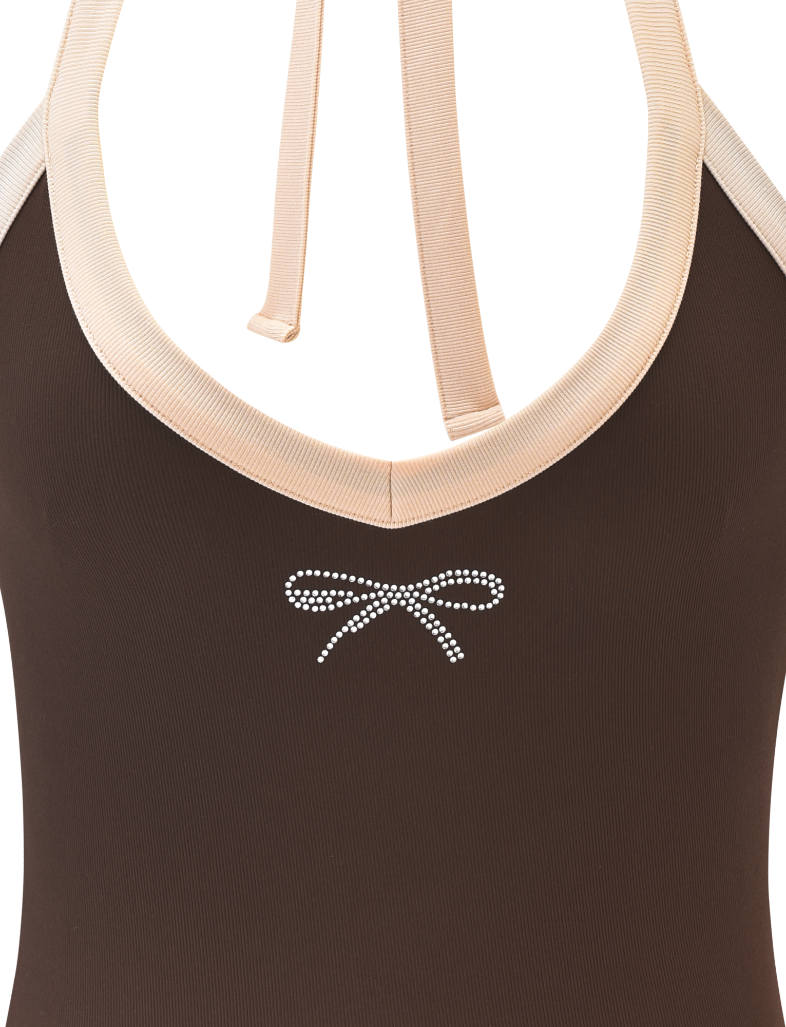 Close-up of the TIGERMIST ALYSIA TOP in chocolate, a ribbed halter neck style with a light beige neckline and straps, accented by a dotted white bow detail on the chest.