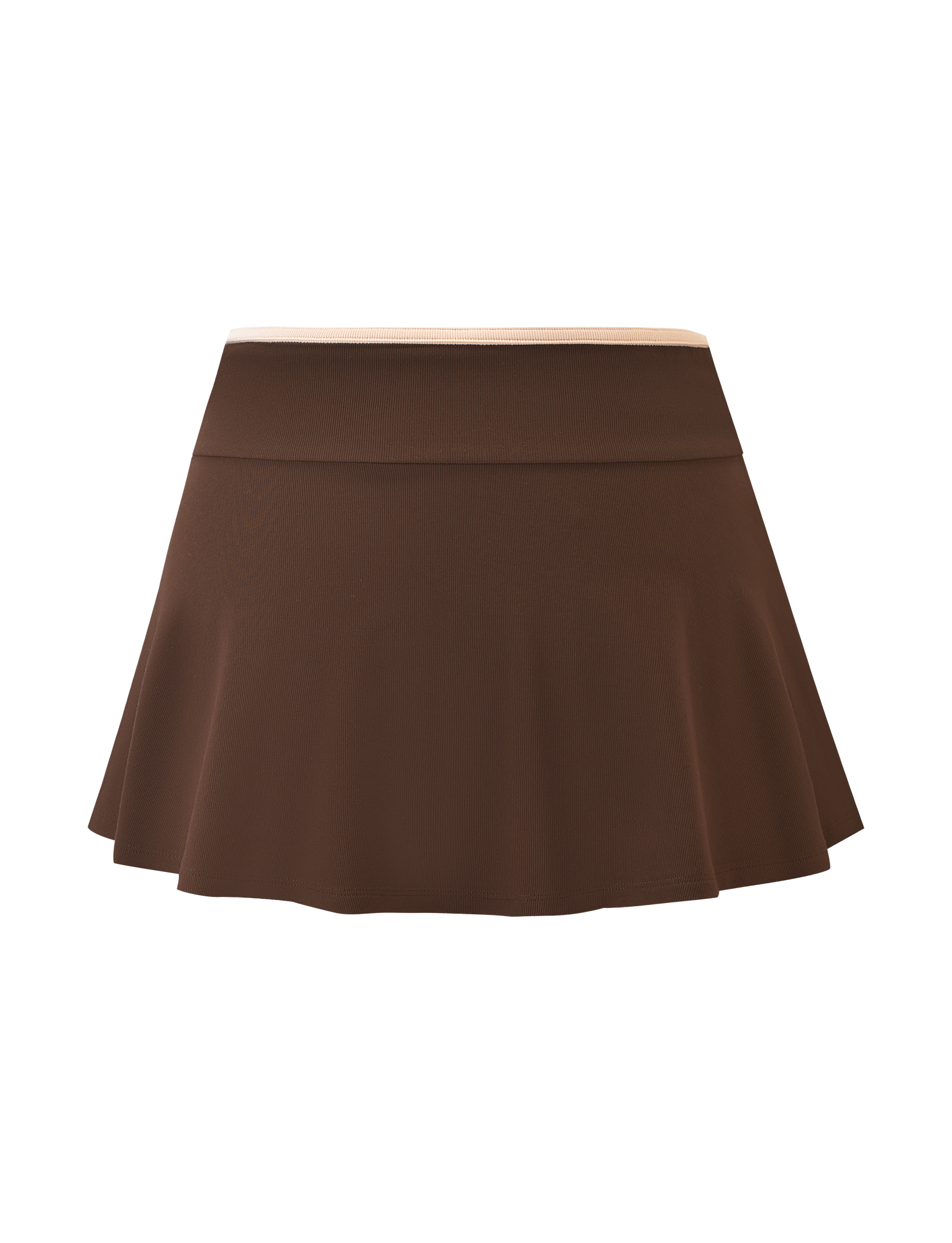 The TIGERMIST ALYSIA SKORT - CHOCOLATE is a brown, high-waisted A-line mini skort with a flared silhouette and built-in shorts, shown against a plain background.