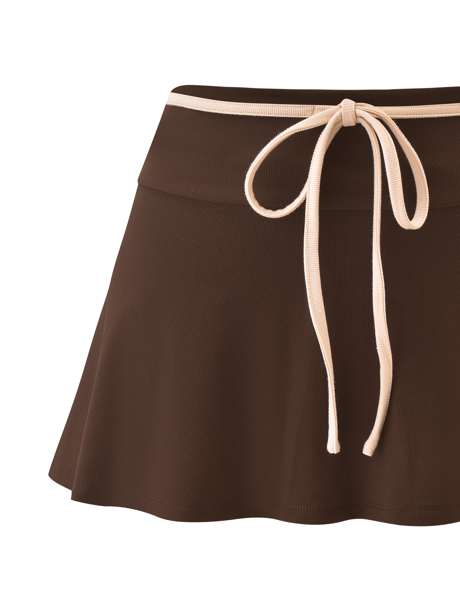 The TIGERMIST ALYSIA SKORT - CHOCOLATE is a brown, ribbed A-line mini skort with a cream waistband, front tie bow, built-in shorts for comfort, and a slightly flared casual design.