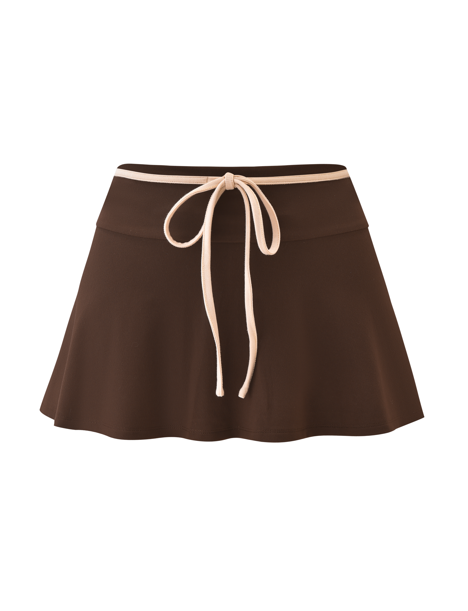The TIGERMIST ALYSIA SKORT in chocolate is a brown A-line mini skort with a flared hem and an adjustable beige drawstring waistband, shown against a plain background.