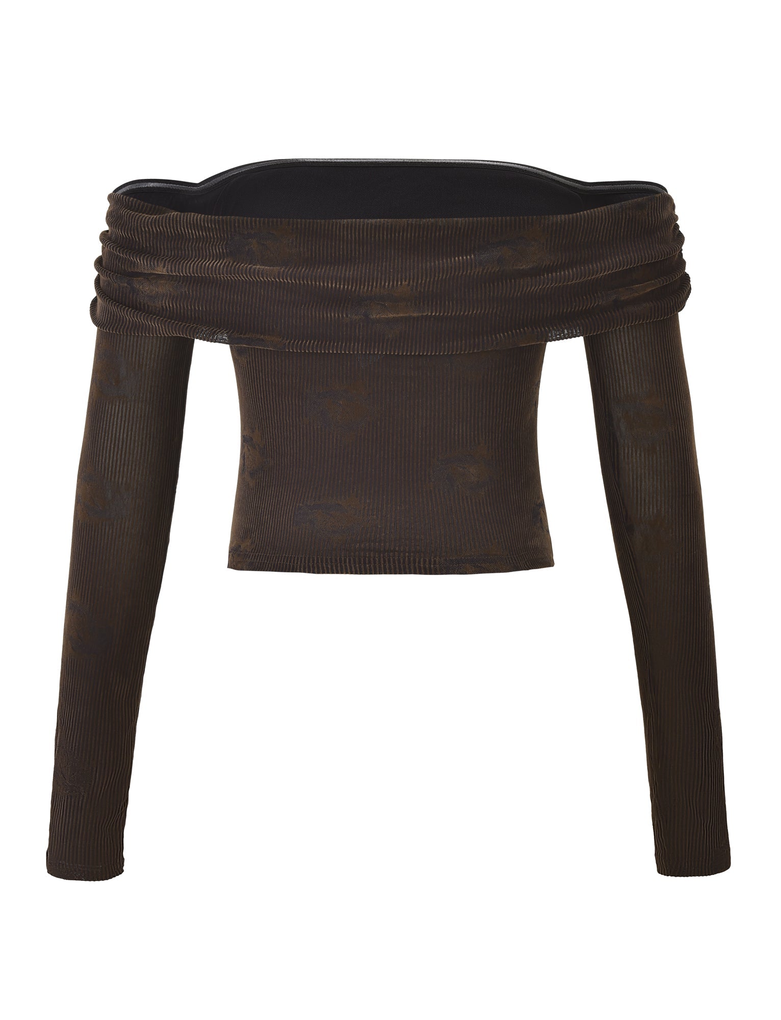 The KORRA TOP - CHOCOLATE ROSE by TIGERMIST is a brown ribbed long sleeve top with an off-the-shoulder draped neckline and fitted bodice, shown on a white background.