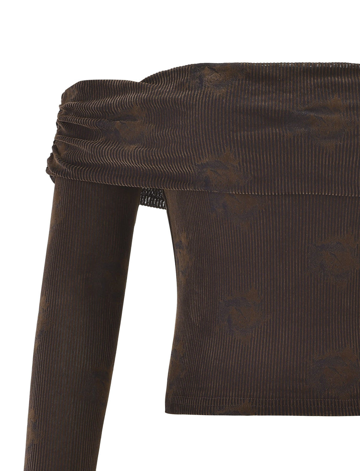 Close-up of the TIGERMIST KORRA TOP - CHOCOLATE ROSE, an off-shoulder, dark ribbed velvet top with a subtle rose print, ruched neckline, and fitted long sleeves for a chic finish.