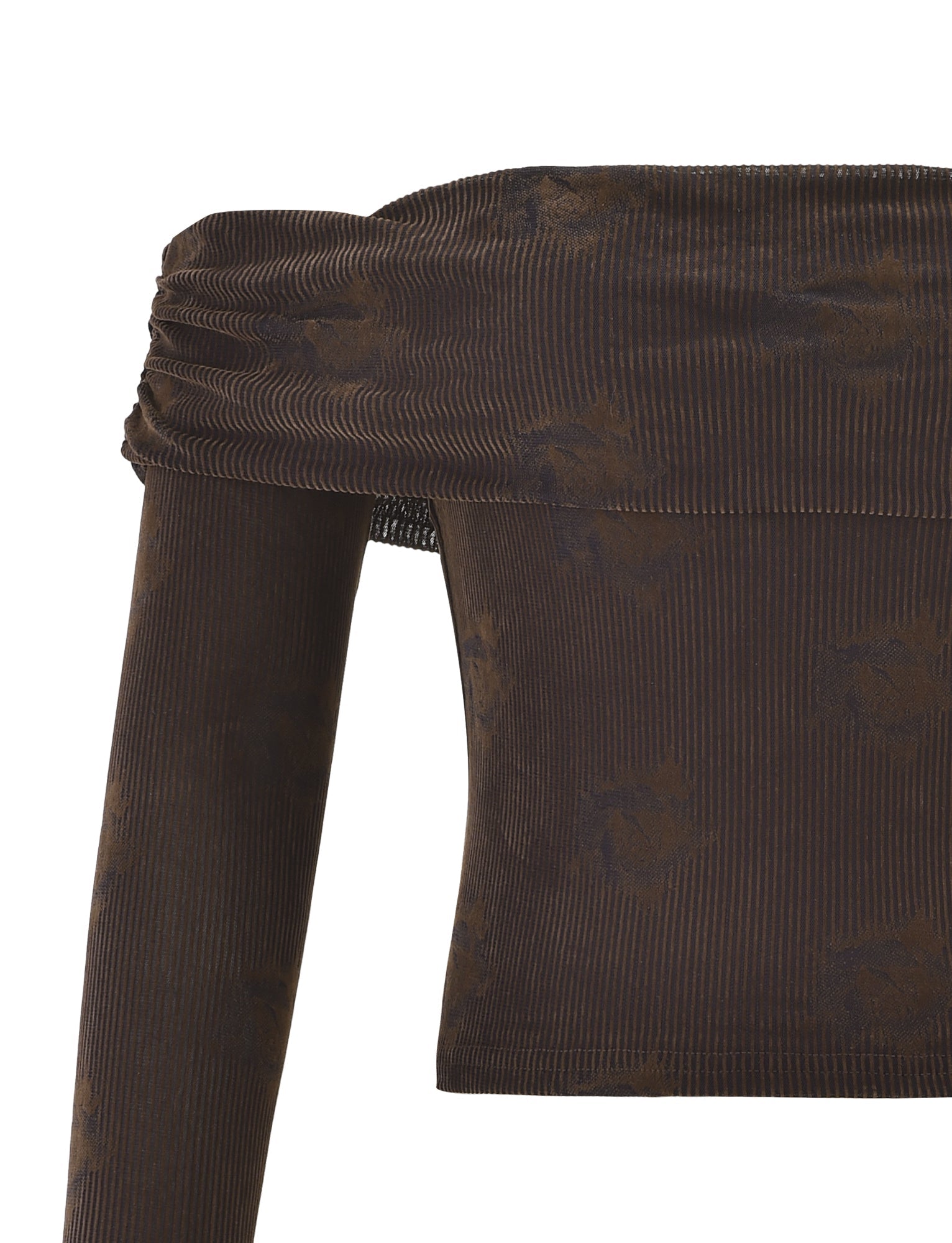 Close-up of the TIGERMIST KORRA TOP - CHOCOLATE ROSE, an off-shoulder, dark ribbed velvet top with a subtle rose print, ruched neckline, and fitted long sleeves for a chic finish.