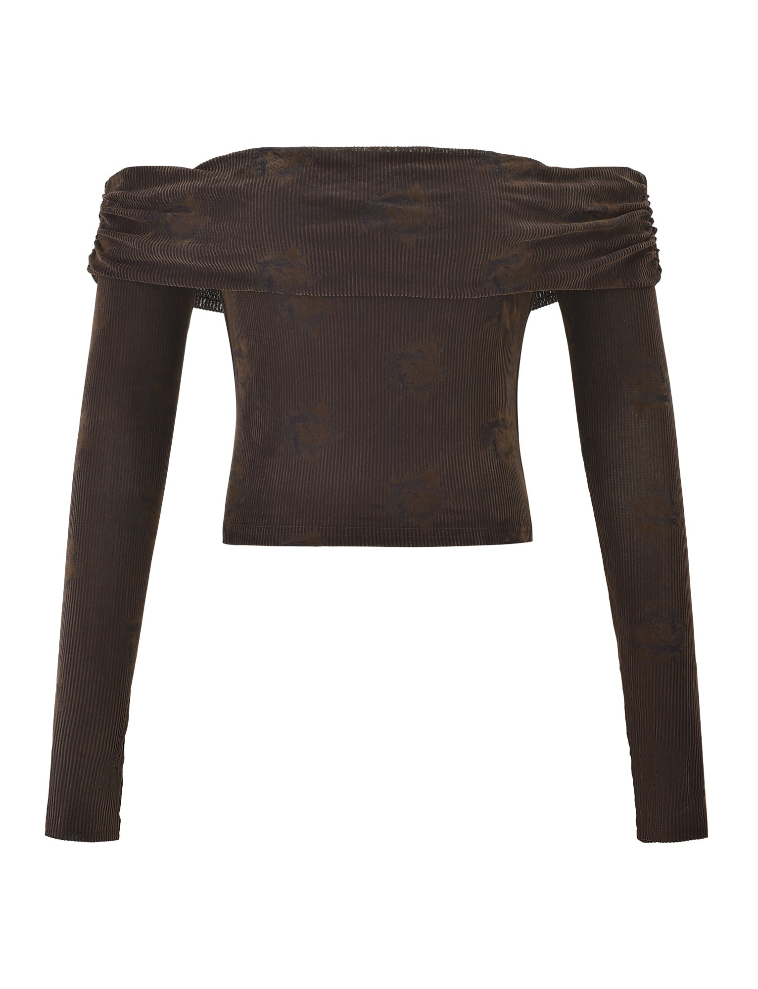 The TIGERMIST KORRA TOP - CHOCOLATE ROSE is a brown ribbed, off-the-shoulder, long sleeve crop top with subtle shoulder ruching, shown on a plain white background.