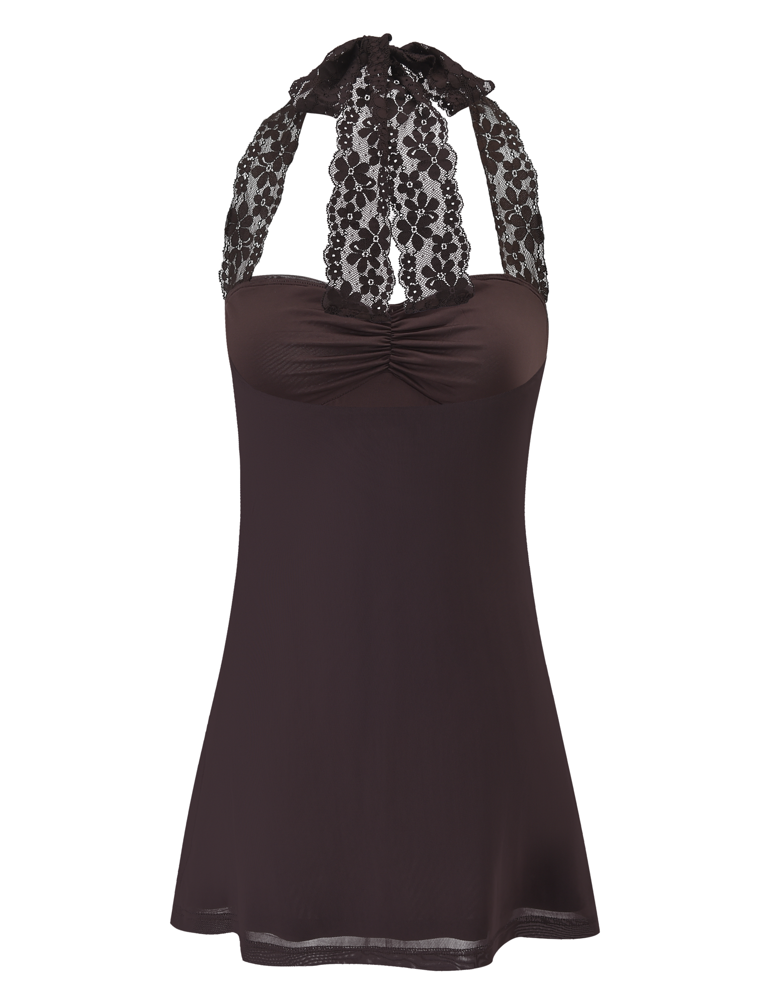 The TAWNY MINI DRESS by TIGERMIST is a chocolate sleeveless halter dress with a lace neckline and straps, gathered bust, and a flowy mini silhouette.