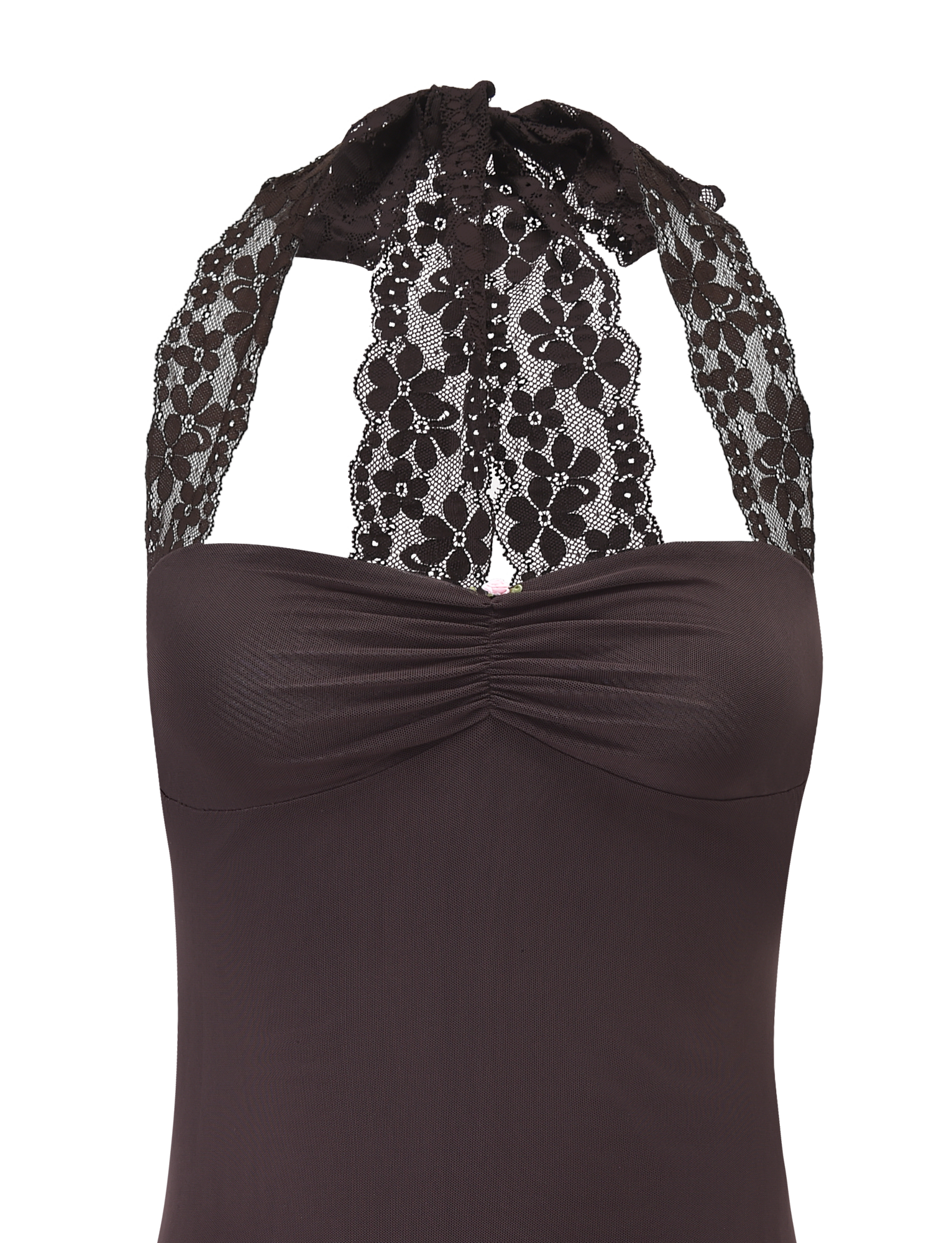 Close-up of the TIGERMIST TAWNY MINI DRESS in chocolate: a lace halter mini with a ruched bust, sheer floral lace tie straps, and a sweetheart-inspired neckline for an elegantly decorative look.