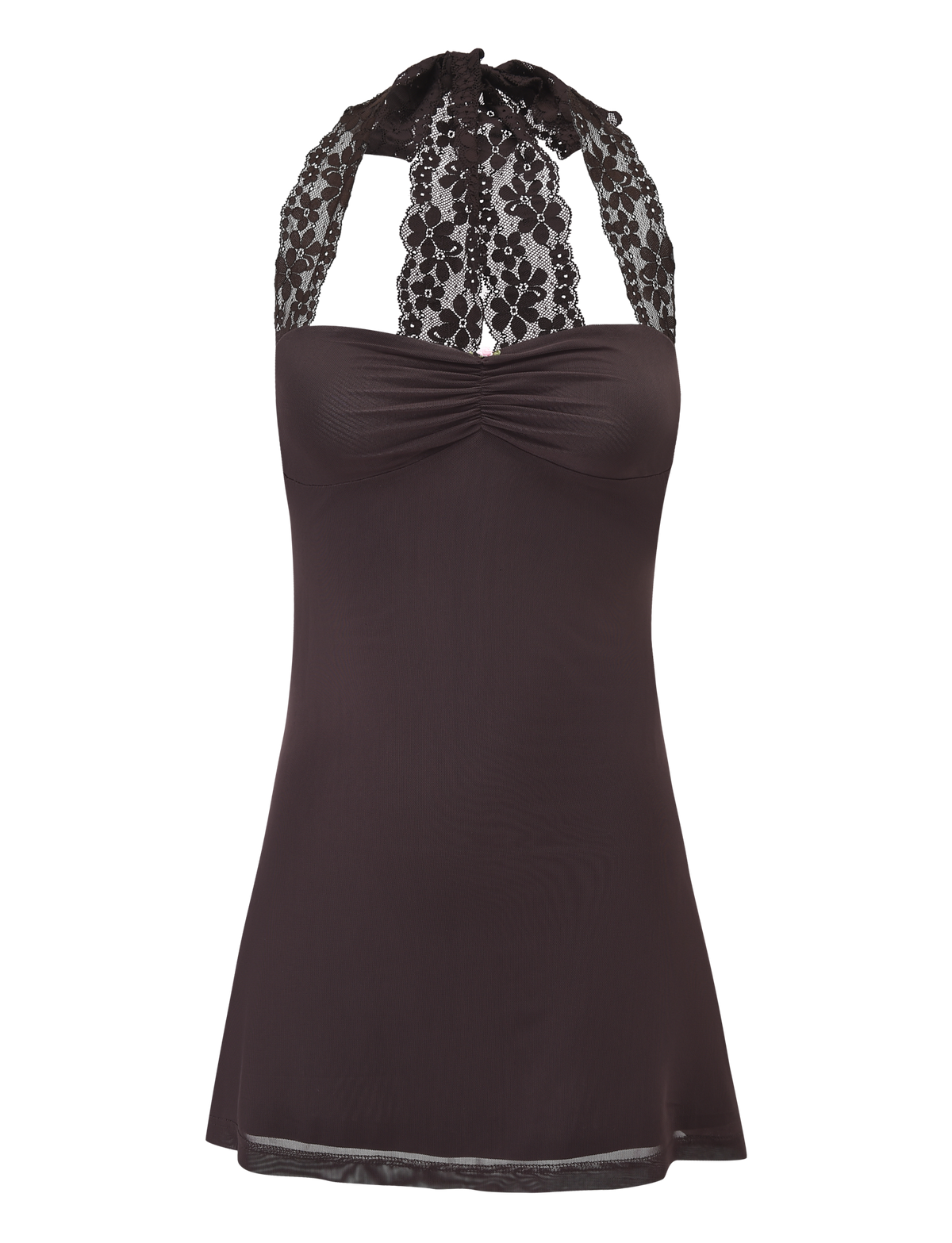 The TAWNY MINI DRESS by TIGERMIST comes in chocolate and features a halter neckline with wide straps that tie at the neck, a fitted bodice with a slight flare at the hem, and elegant lace detailing for a feminine look.