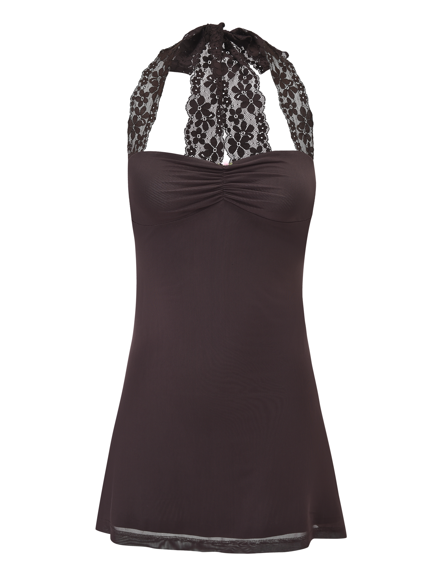 The TAWNY MINI DRESS by TIGERMIST comes in chocolate and features a halter neckline with wide straps that tie at the neck, a fitted bodice with a slight flare at the hem, and elegant lace detailing for a feminine look.