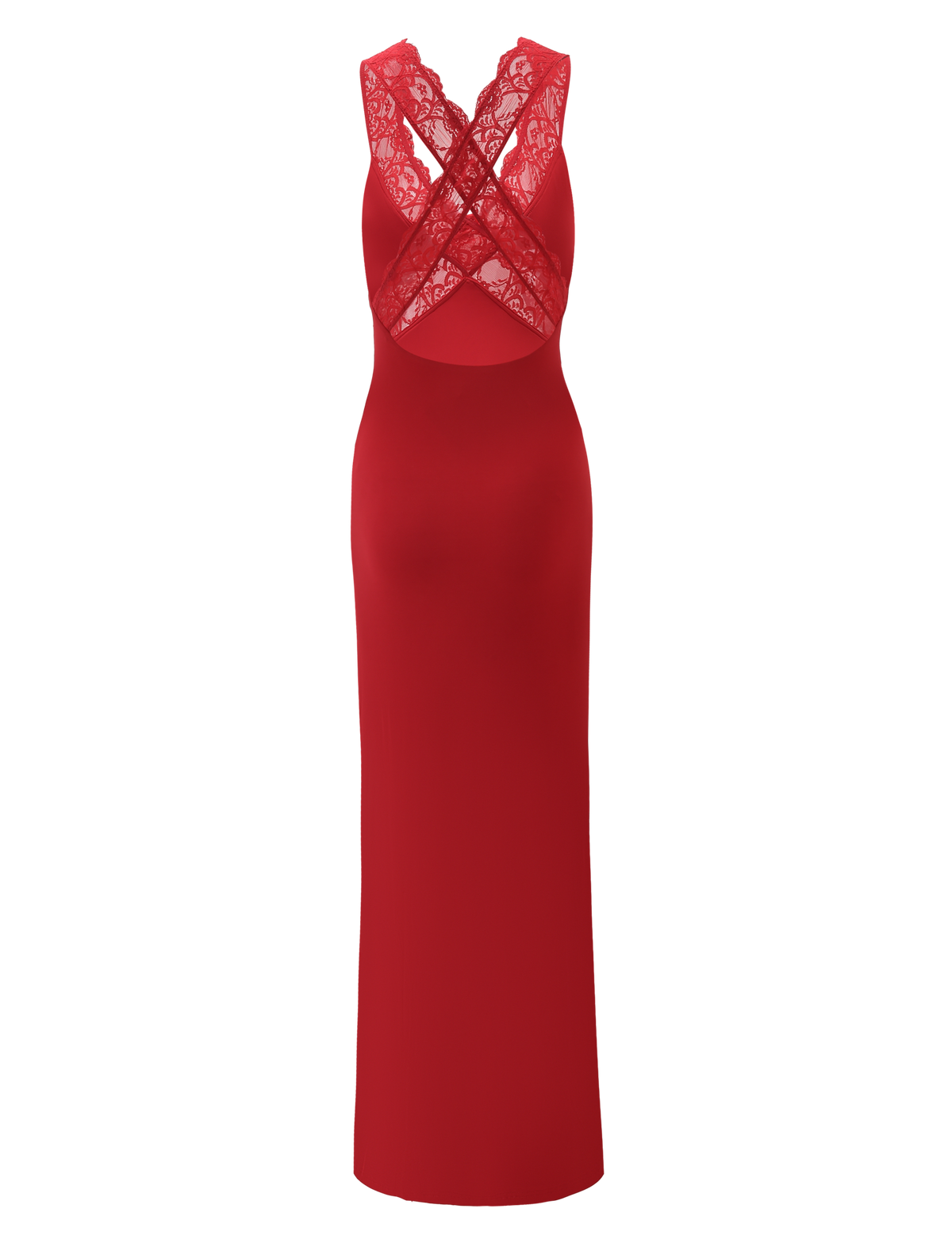 The SERAPHINE MAXI DRESS - RED by TIGERMIST is a sleeveless lace bodycon maxi with a sheer lace back and crisscross straps, shown on a matching red background.