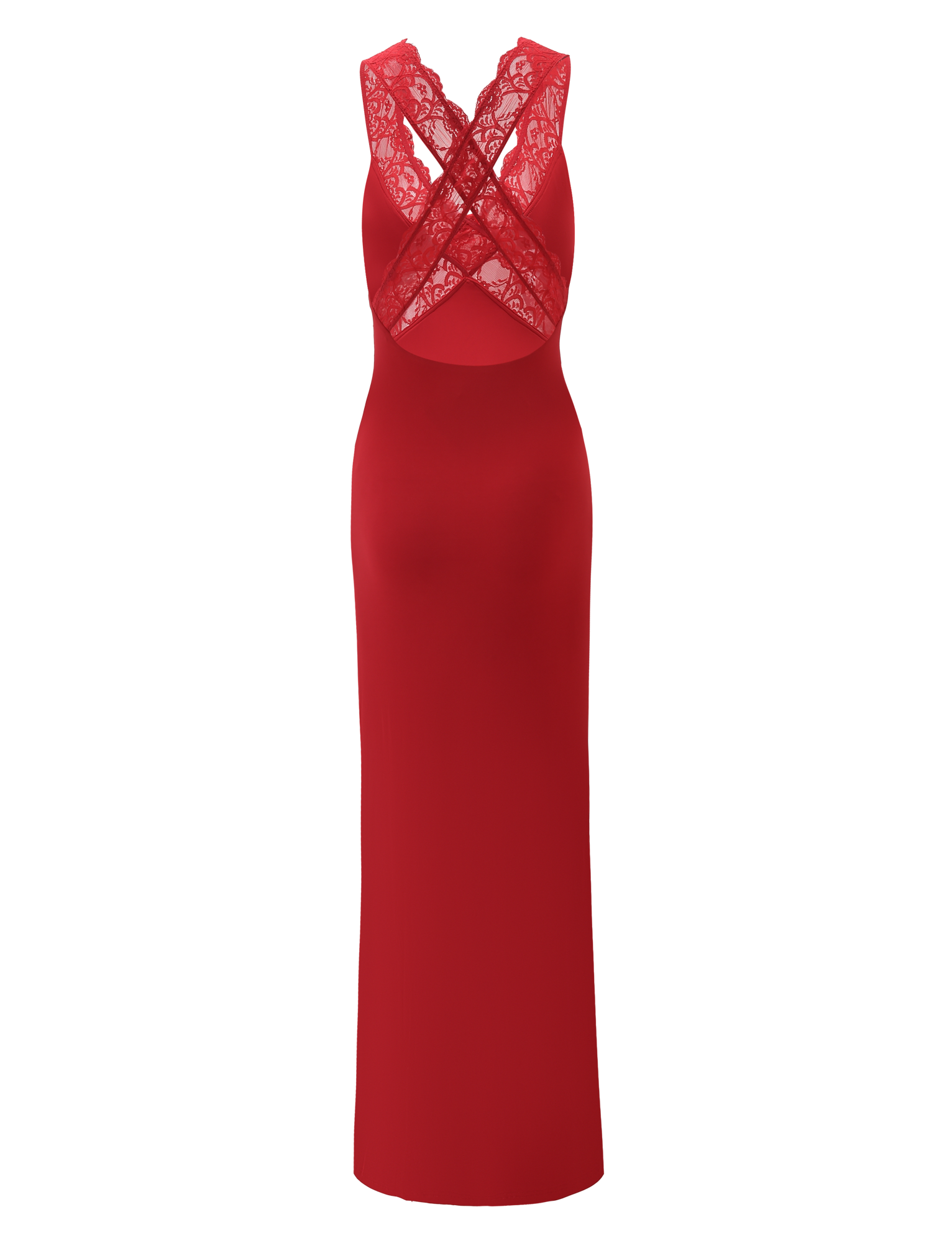 The SERAPHINE MAXI DRESS - RED by TIGERMIST is a sleeveless lace bodycon maxi with a sheer lace back and crisscross straps, shown on a matching red background.