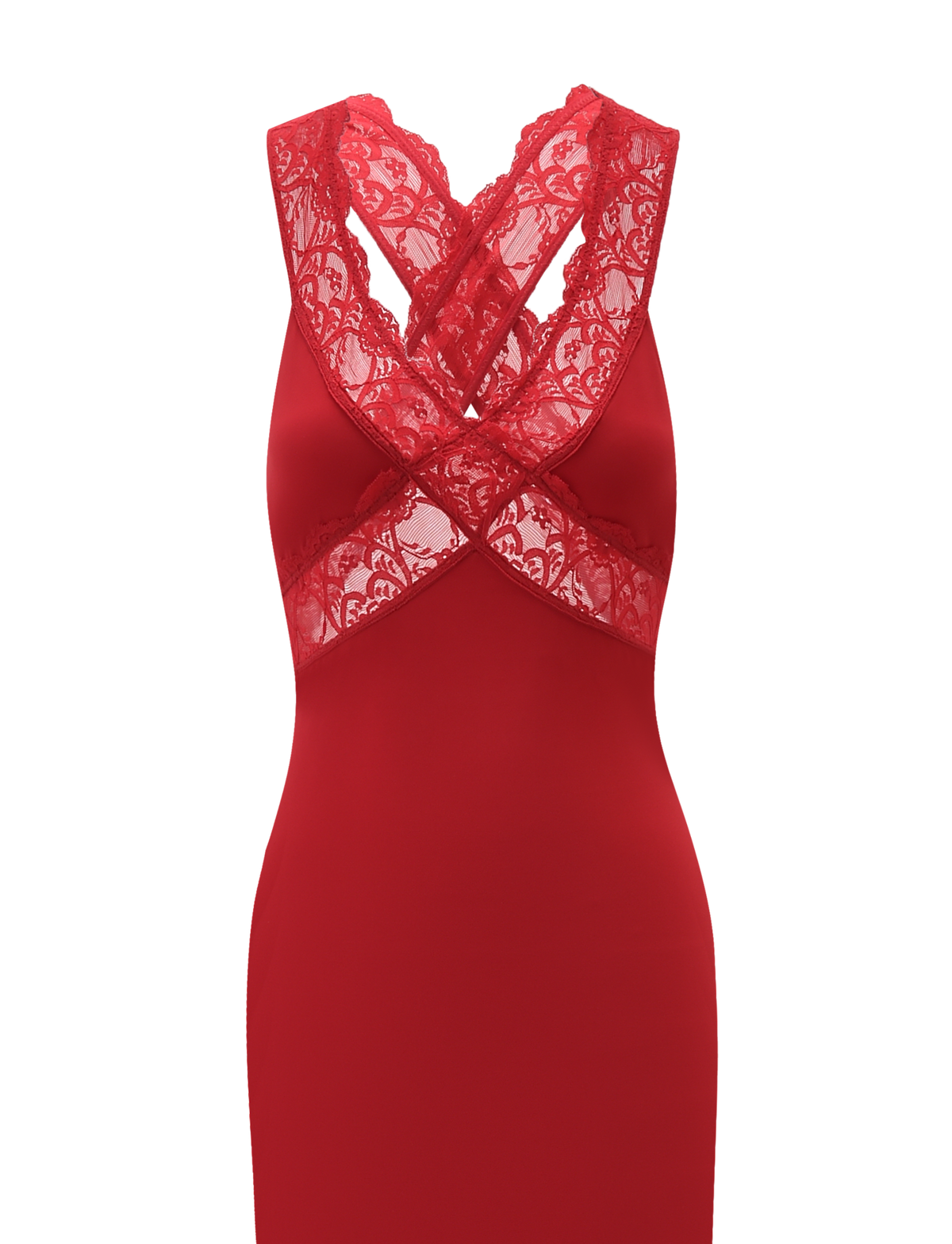 The SERAPHINE MAXI DRESS - RED by TIGERMIST is a sleeveless red lace bodycon dress featuring sheer crisscross panels at the chest and waist.