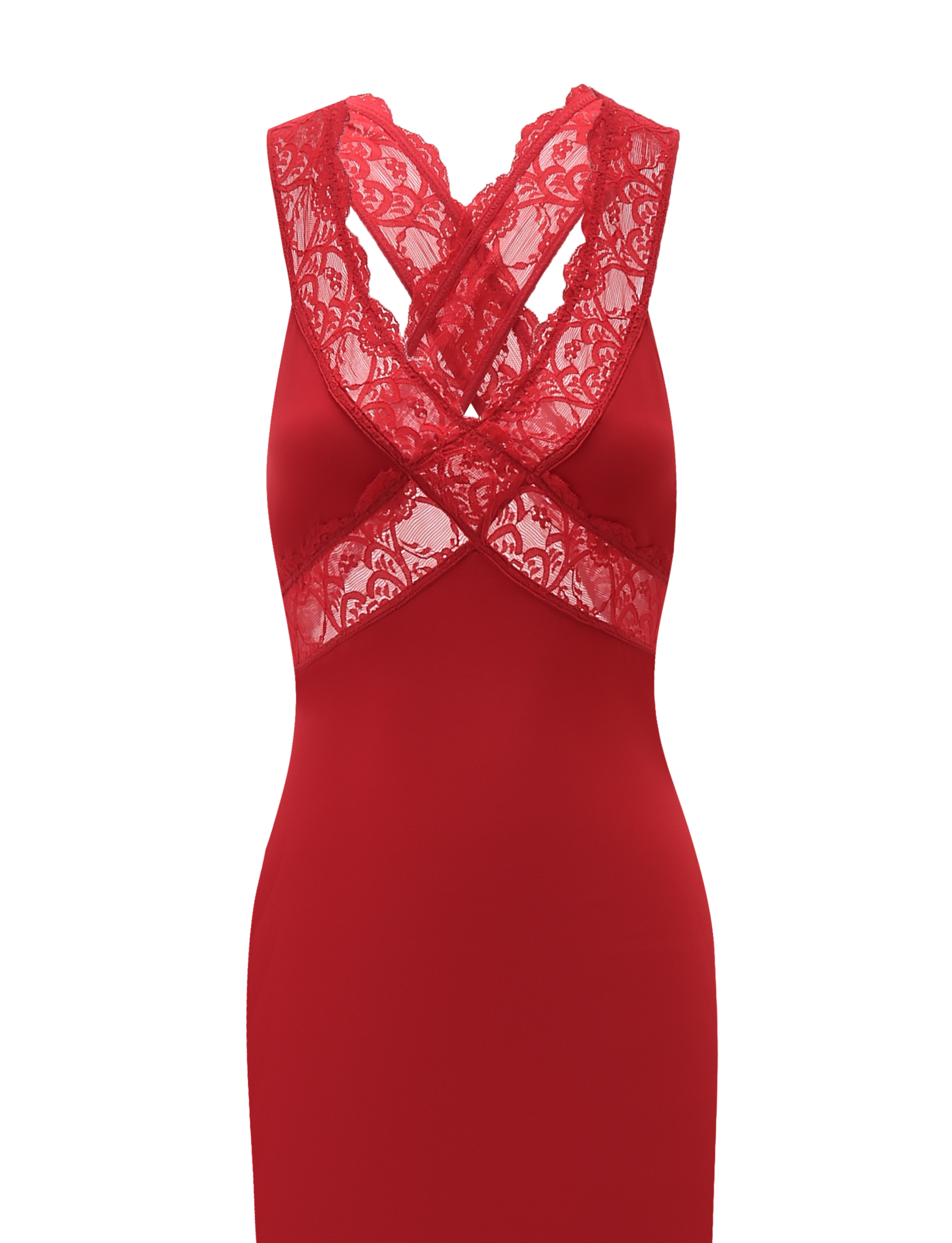 The SERAPHINE MAXI DRESS - RED by TIGERMIST is a sleeveless red lace bodycon dress featuring sheer crisscross panels at the chest and waist.