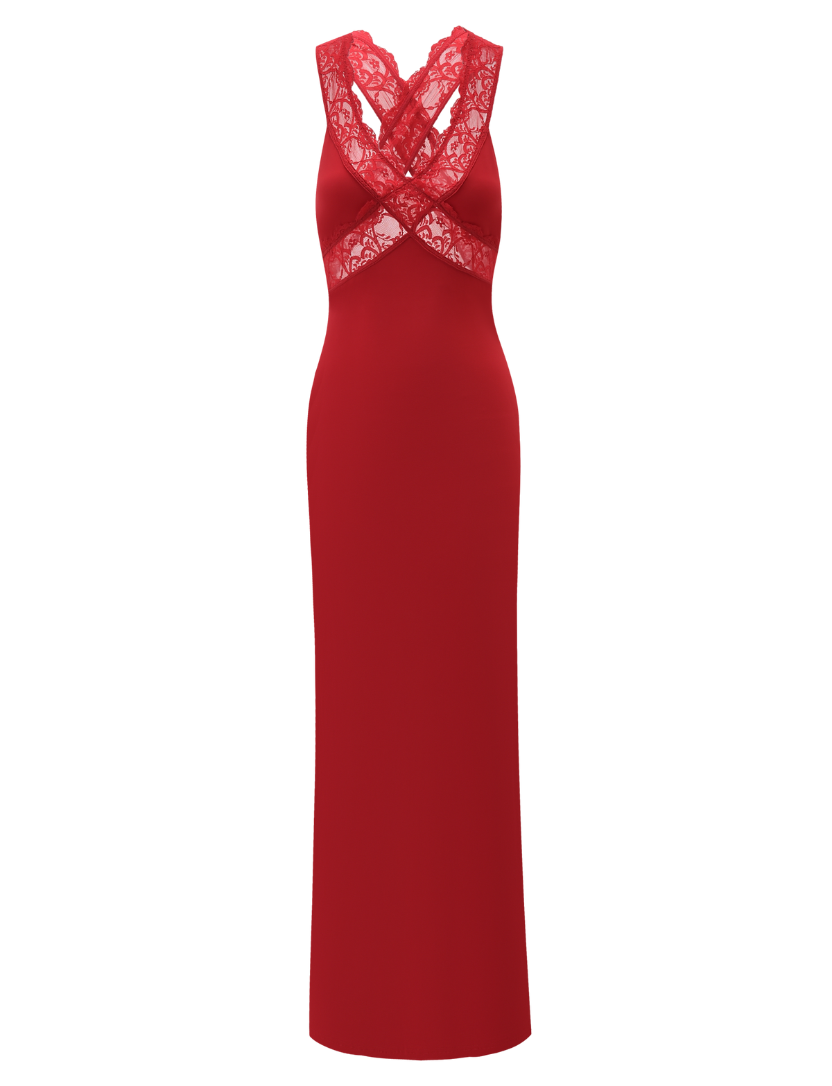 The TIGERMIST SERAPHINE MAXI DRESS in red features a crisscross lace bodice with X-shaped detailing, a bodycon silhouette, and a sleek, sleeveless floor-length design for elegant style.
