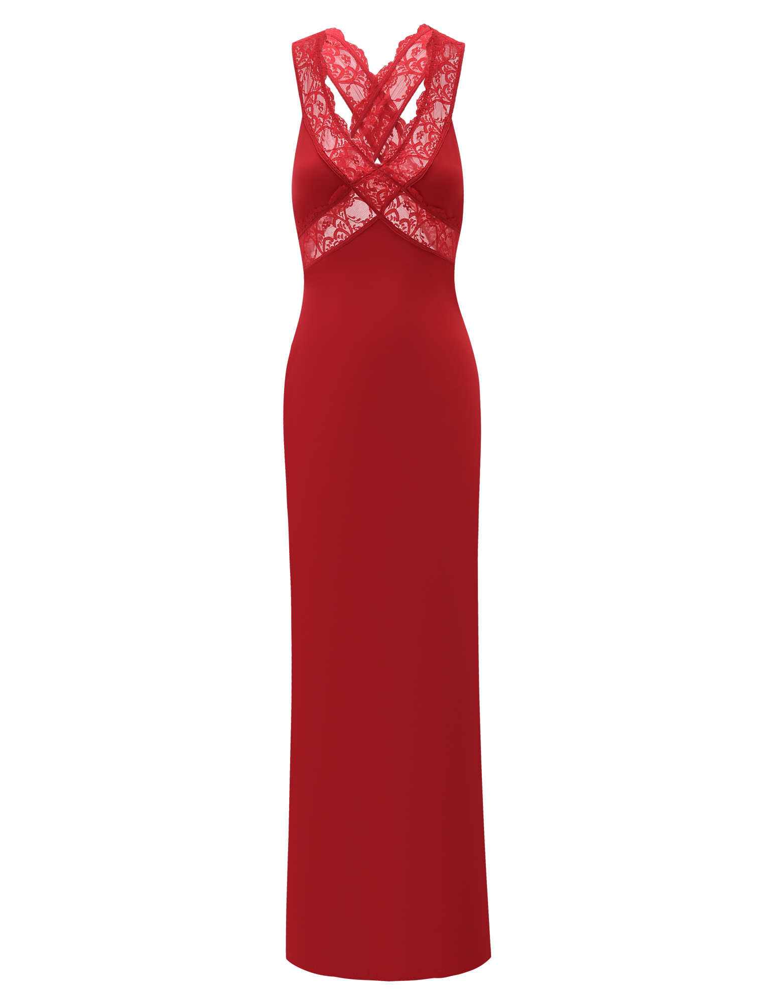 The TIGERMIST SERAPHINE MAXI DRESS in red features a crisscross lace bodice with X-shaped detailing, a bodycon silhouette, and a sleek, sleeveless floor-length design for elegant style.