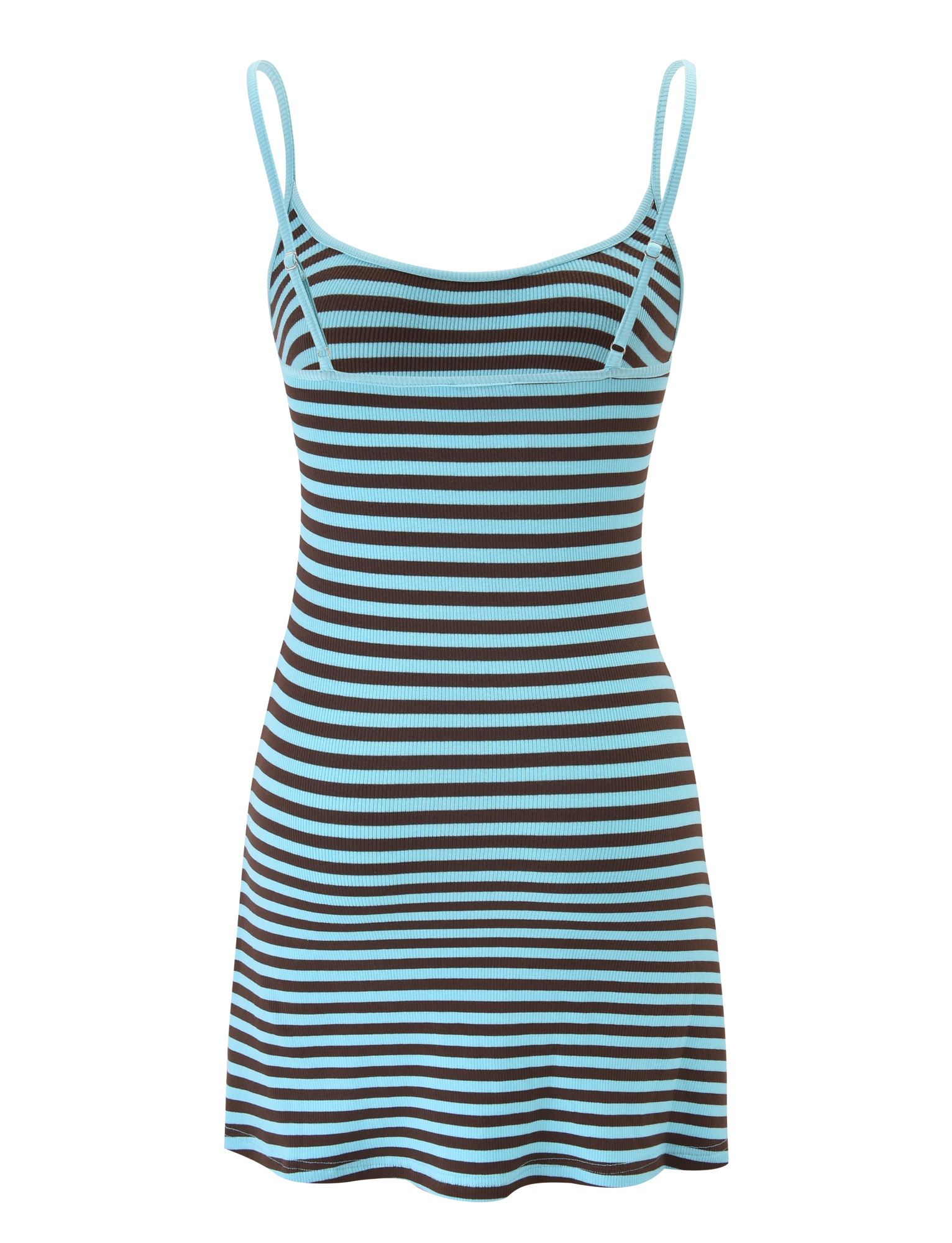 The CELESTE MINI DRESS - BLUE STRIPE by TIGERMIST is a sleeveless, fitted mini dress with adjustable straps, a belt, and ribbed fabric. It features horizontal black and light blue stripes for a textured, casual look.