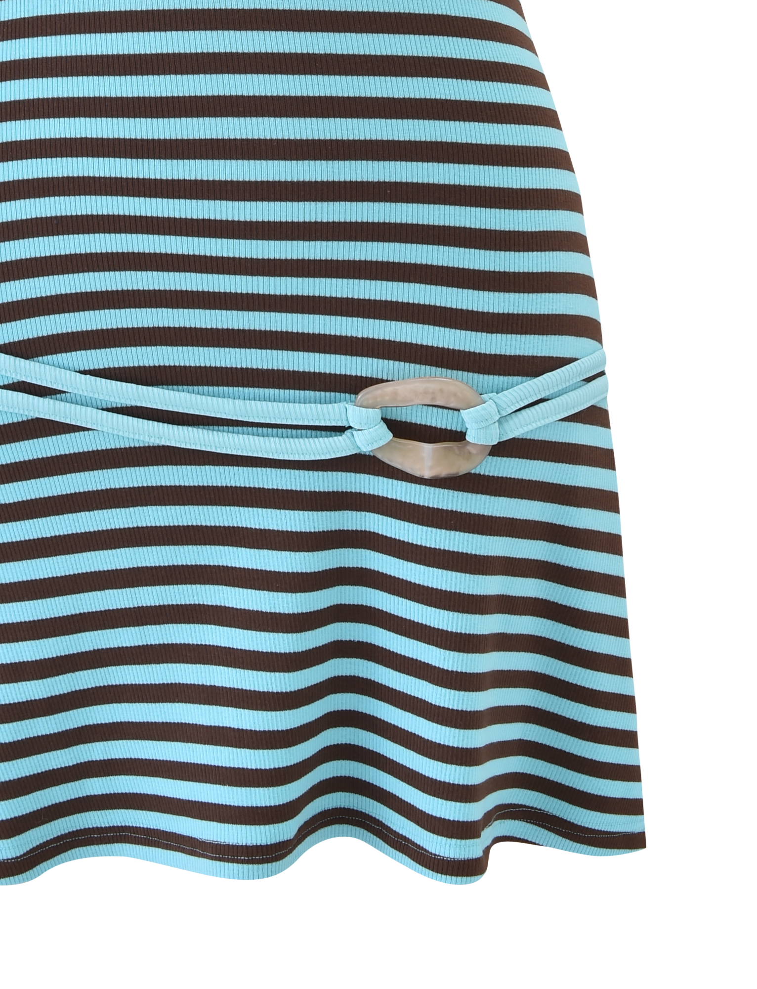 A close-up of the TIGERMIST CELESTE MINI DRESS - BLUE STRIPE, featuring ribbed material with horizontal turquoise and brown stripes and a decorative belt loop with a round, cream-colored buckle.