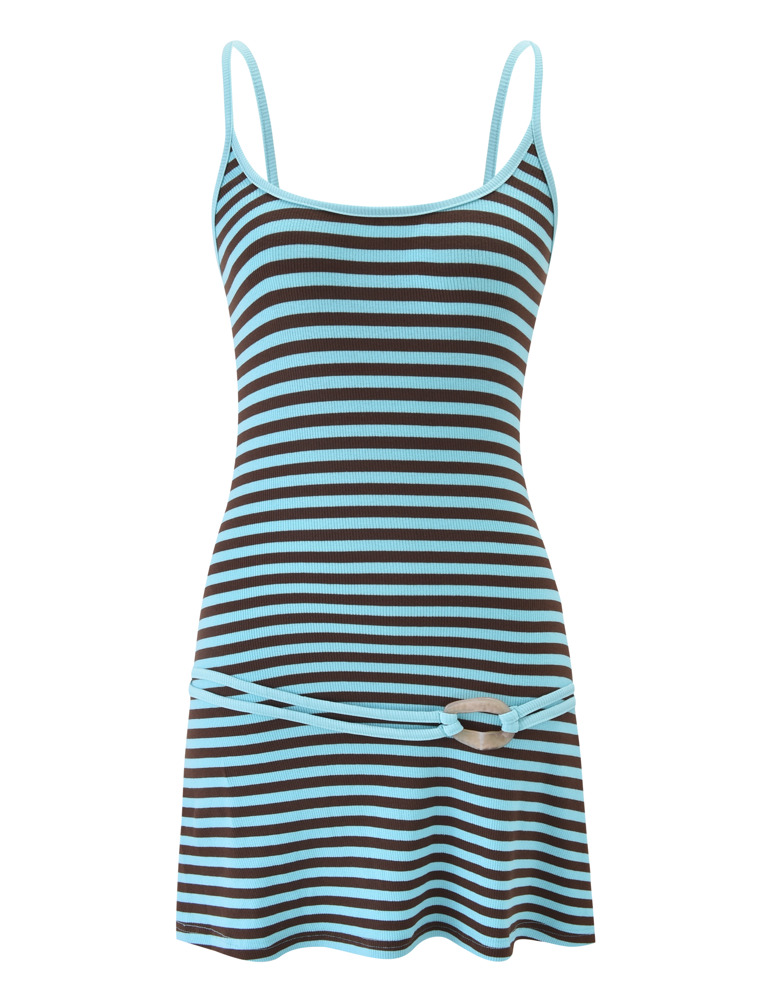 The CELESTE MINI DRESS - BLUE STRIPE by TIGERMIST is a sleeveless, fitted mini dress with thin adjustable straps, ribbed fabric, horizontal black and light blue stripes, and a matching striped belt with a circular buckle.