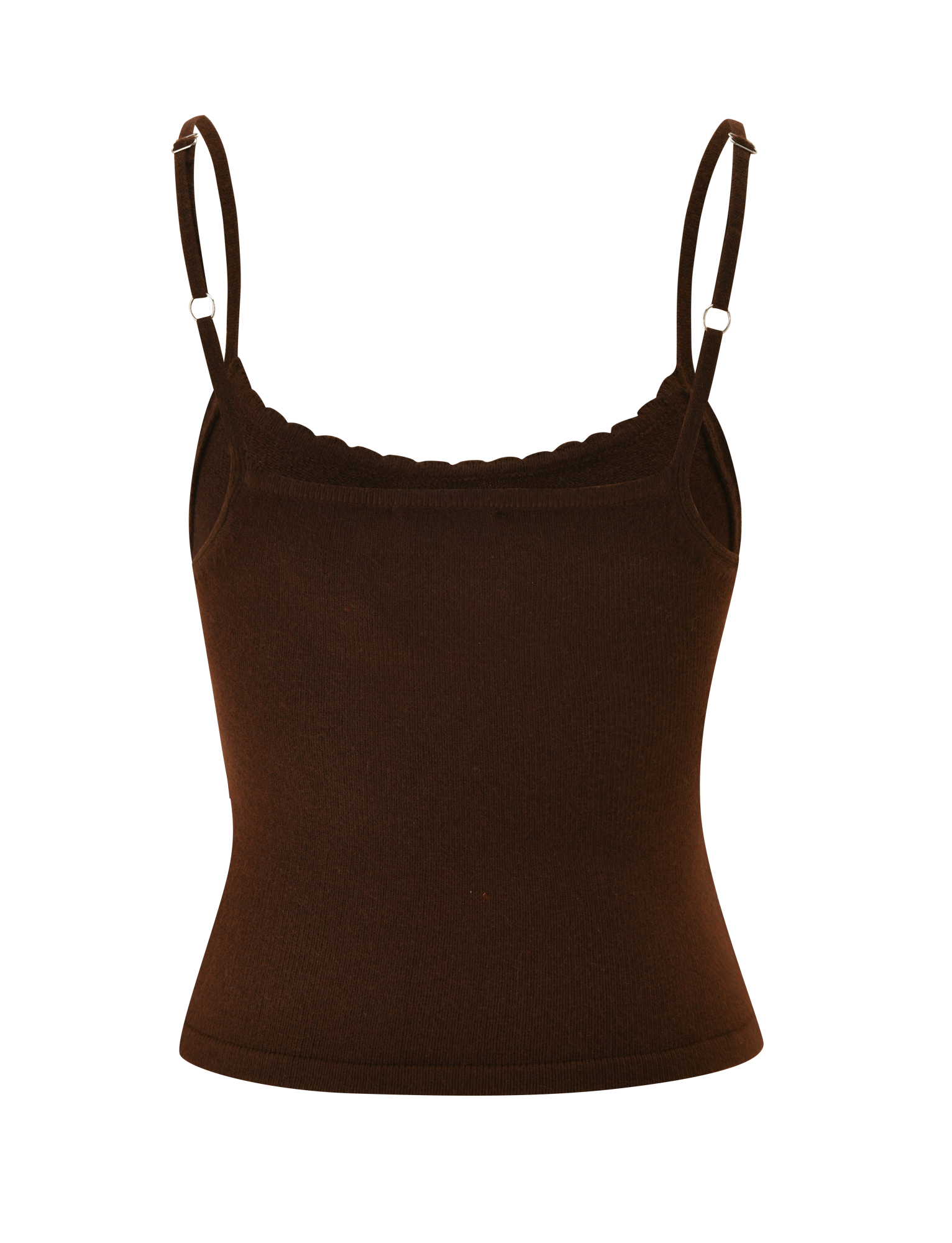 The LEORA TOP - CHOCOLATE by TIGERMIST is a chocolate brown knit cami featuring ribbed texture, thin adjustable straps, and a scalloped neckline, shown against a plain white background.