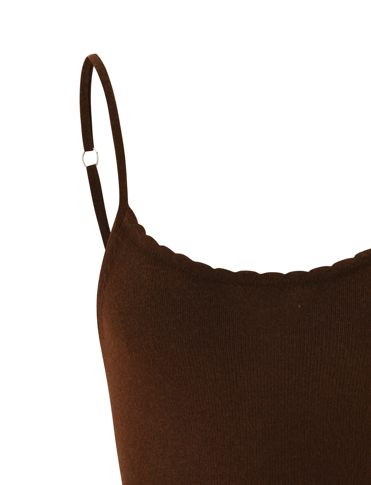 Close-up of the TIGERMIST LEORA TOP in chocolate, featuring adjustable straps and a subtle scalloped neckline, set against a plain white background.