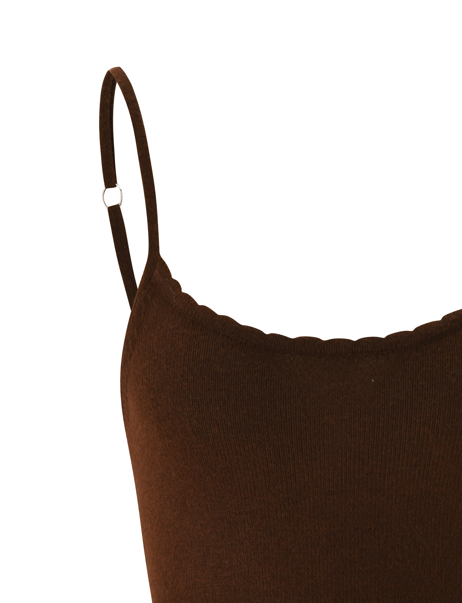 Close-up of the TIGERMIST LEORA TOP in chocolate, featuring adjustable straps and a subtle scalloped neckline, set against a plain white background.