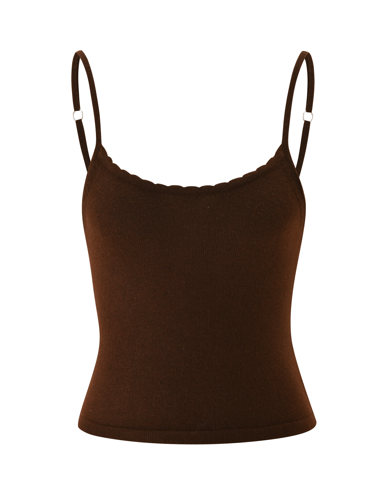 The LEORA TOP - CHOCOLATE by TIGERMIST is a chocolate brown knit cami with thin adjustable straps and a subtly scalloped neckline, shown on a white background.