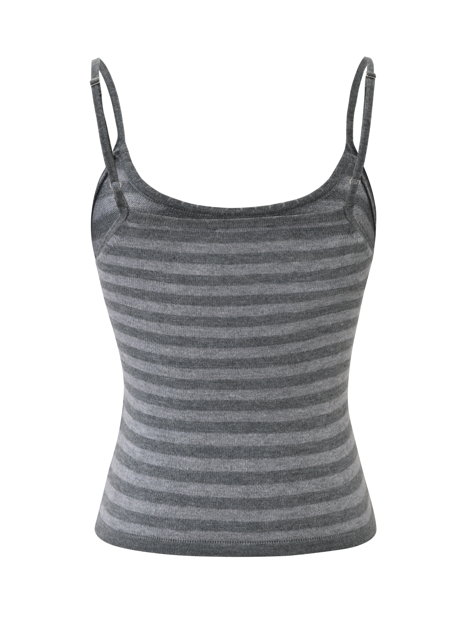 The TIGERMIST LEORA TOP - GREY STRIPE is a knit camisole tank with thin adjustable straps and horizontal gray and light gray stripes, shown against a plain white background.
