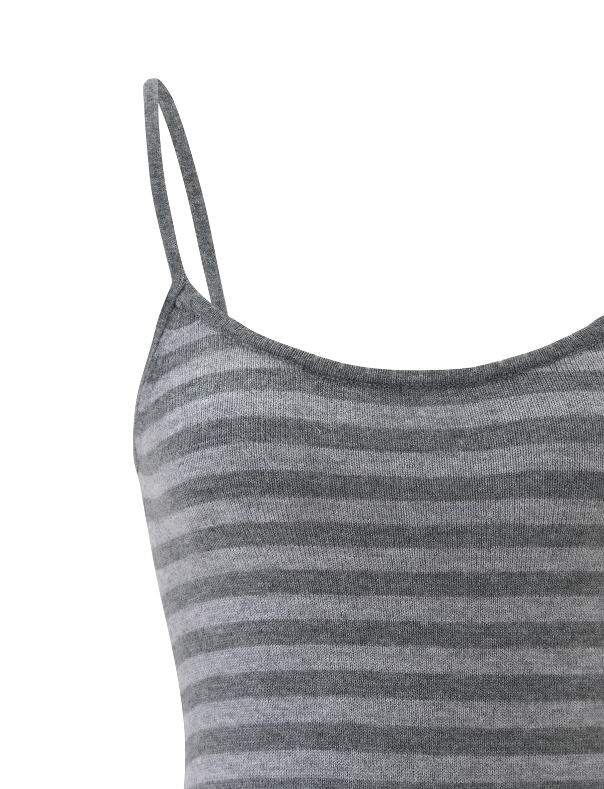 Close-up of the TIGERMIST LEORA TOP - GREY STRIPE, a sleeveless knit tank with thin adjustable spaghetti straps and horizontal light and dark grey stripes, shown against a plain white background.