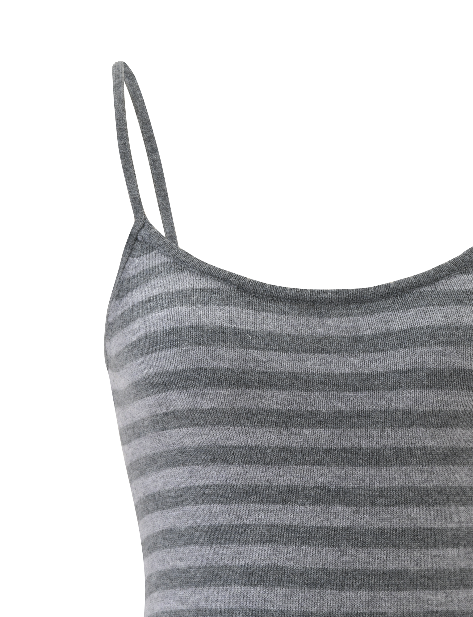 Close-up of the TIGERMIST LEORA TOP - GREY STRIPE, a sleeveless knit tank with thin adjustable spaghetti straps and horizontal light and dark grey stripes, shown against a plain white background.