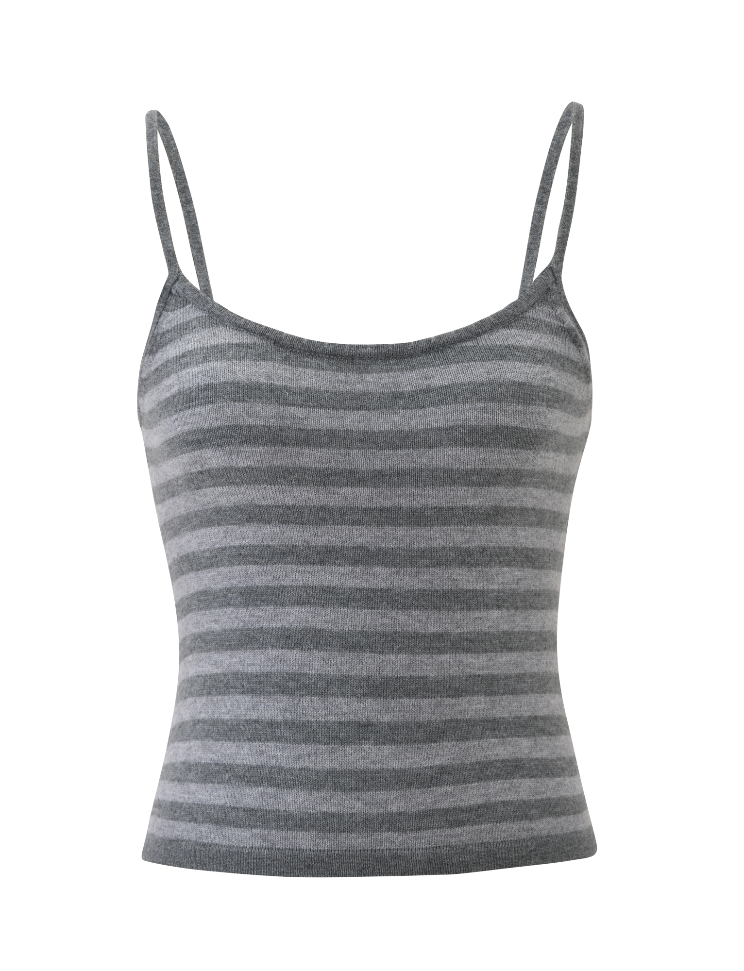 The LEORA TOP - GREY STRIPE by TIGERMIST is a sleeveless, fitted knit tank with thin adjustable straps and horizontal light and dark grey stripes.