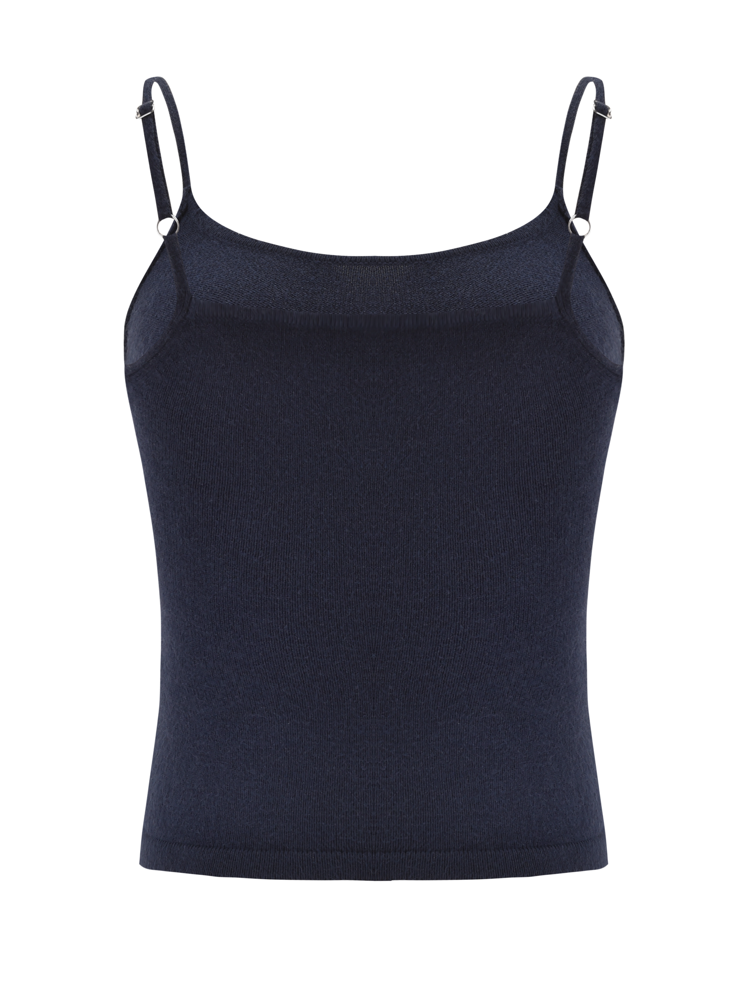 The TIGERMIST LEORA TOP - NAVY is a fitted knit tank with thin adjustable spaghetti straps and a scalloped neckline, shown on a white background.