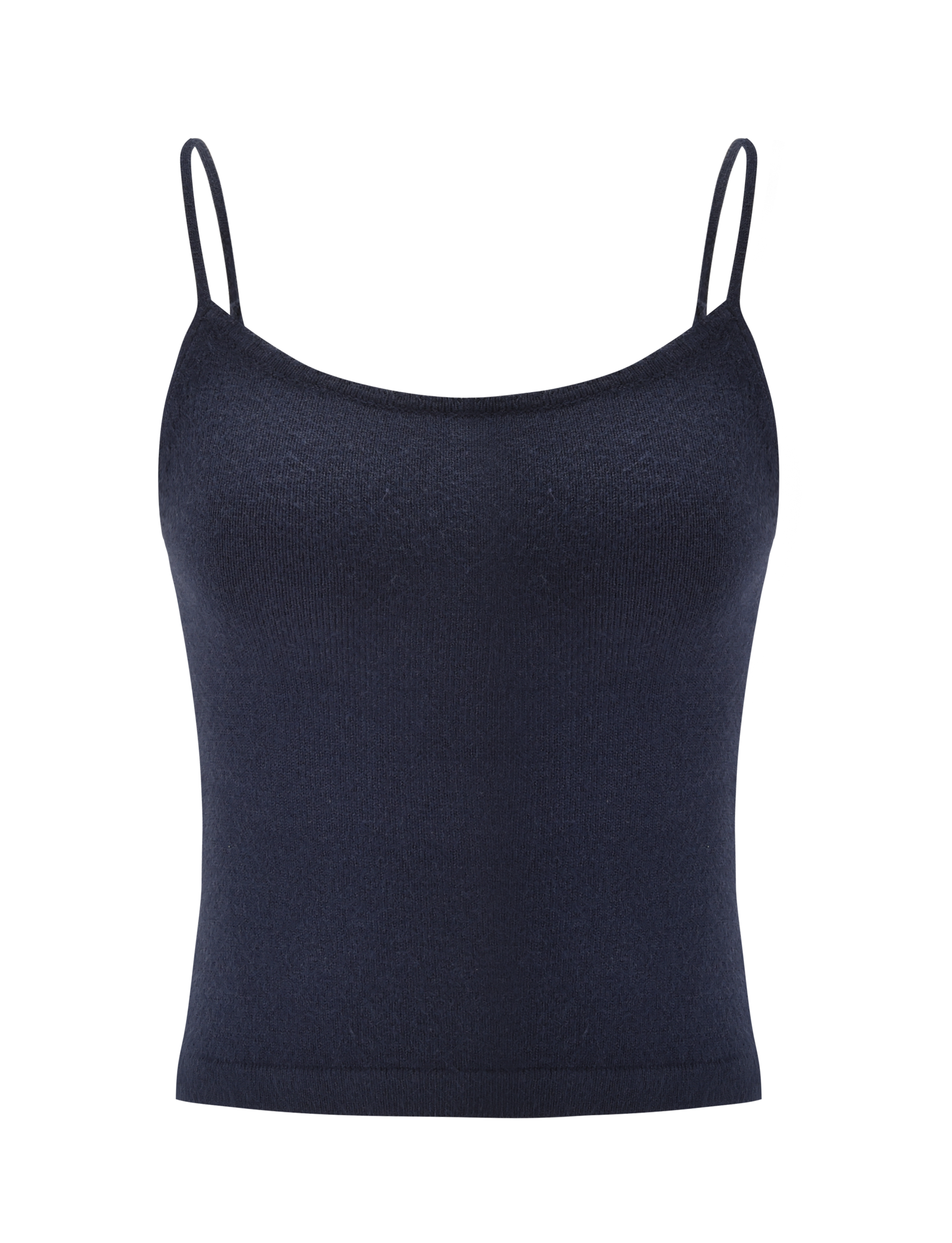 The TIGERMIST LEORA TOP - NAVY is a fitted knit tank with thin spaghetti straps and a straight neckline, shown on a plain white background.