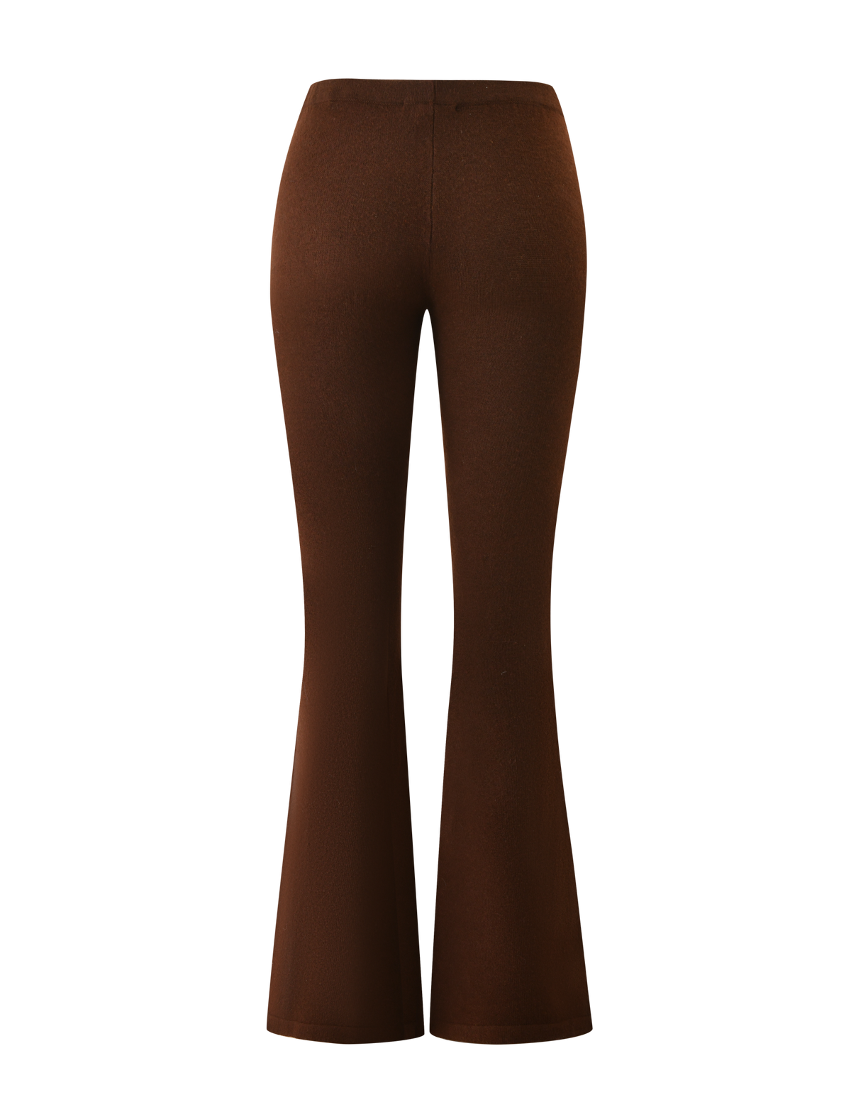 Back view of the TIGERMIST LEORA PANT - CHOCOLATE: chocolate brown knit flared pants with a smooth, fitted waist and hips, elegantly widening from knee to hem.