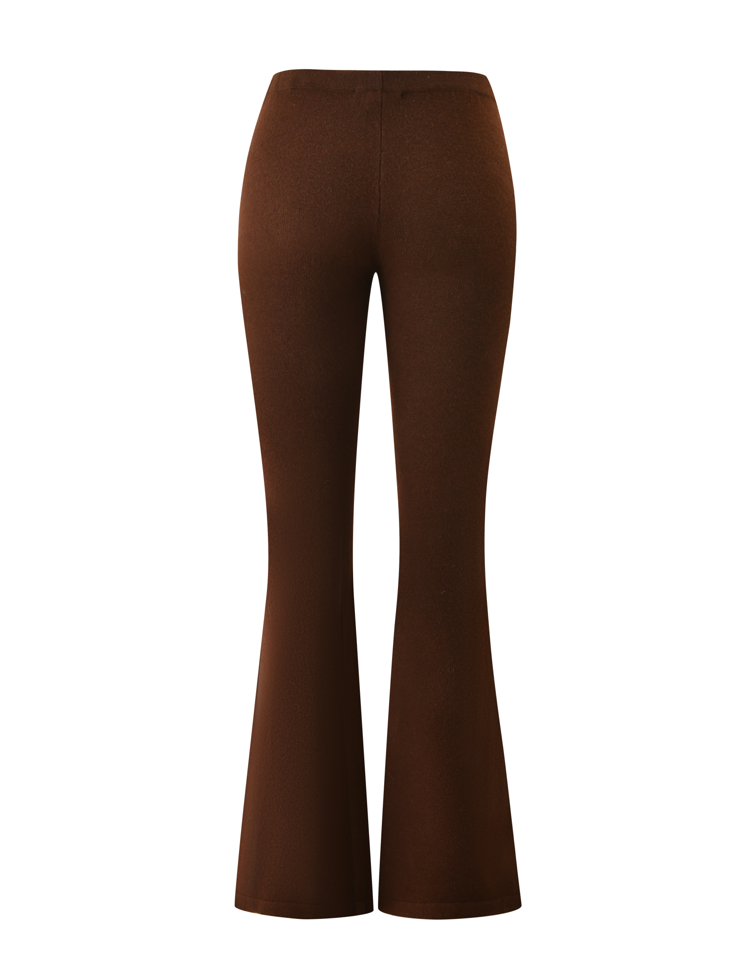Back view of the TIGERMIST LEORA PANT - CHOCOLATE: chocolate brown knit flared pants with a smooth, fitted waist and hips, elegantly widening from knee to hem.