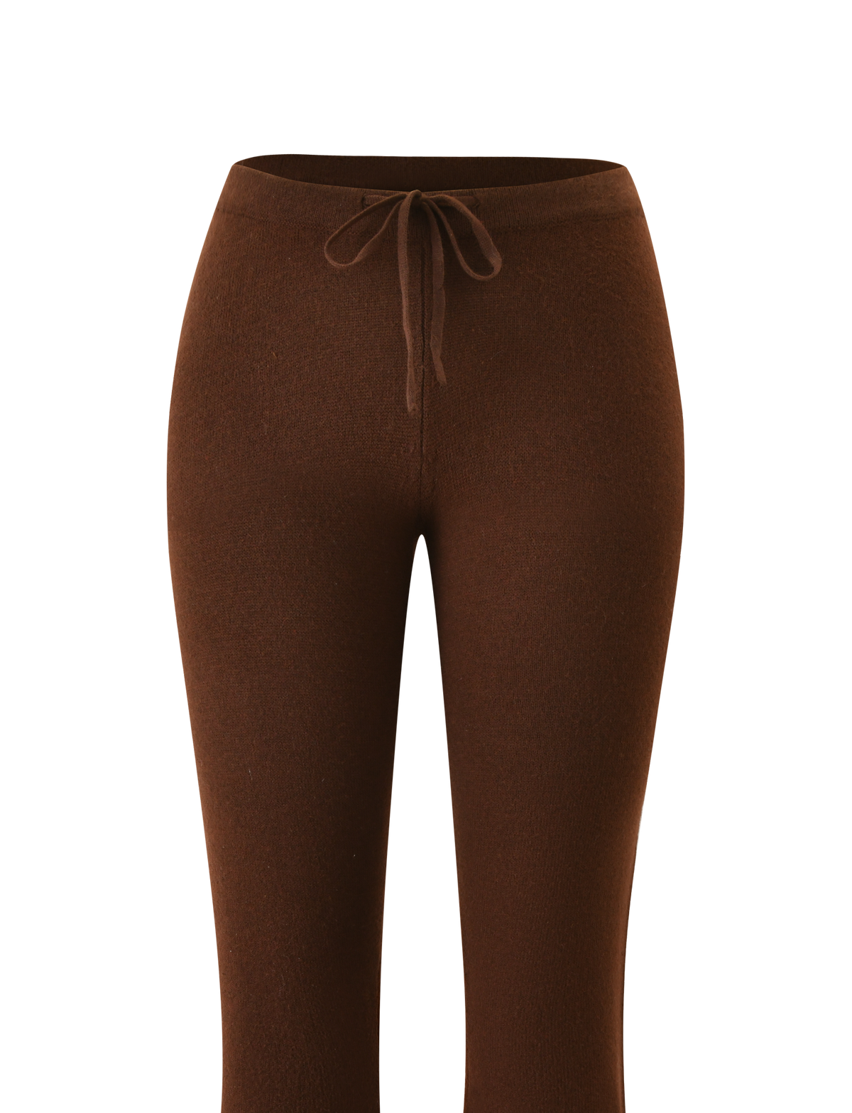 The TIGERMIST LEORA PANT - CHOCOLATE features a fitted silhouette, drawstring waist, and soft stretchy fabric for comfort. Flared legs add a modern touch. Shown against a white background.