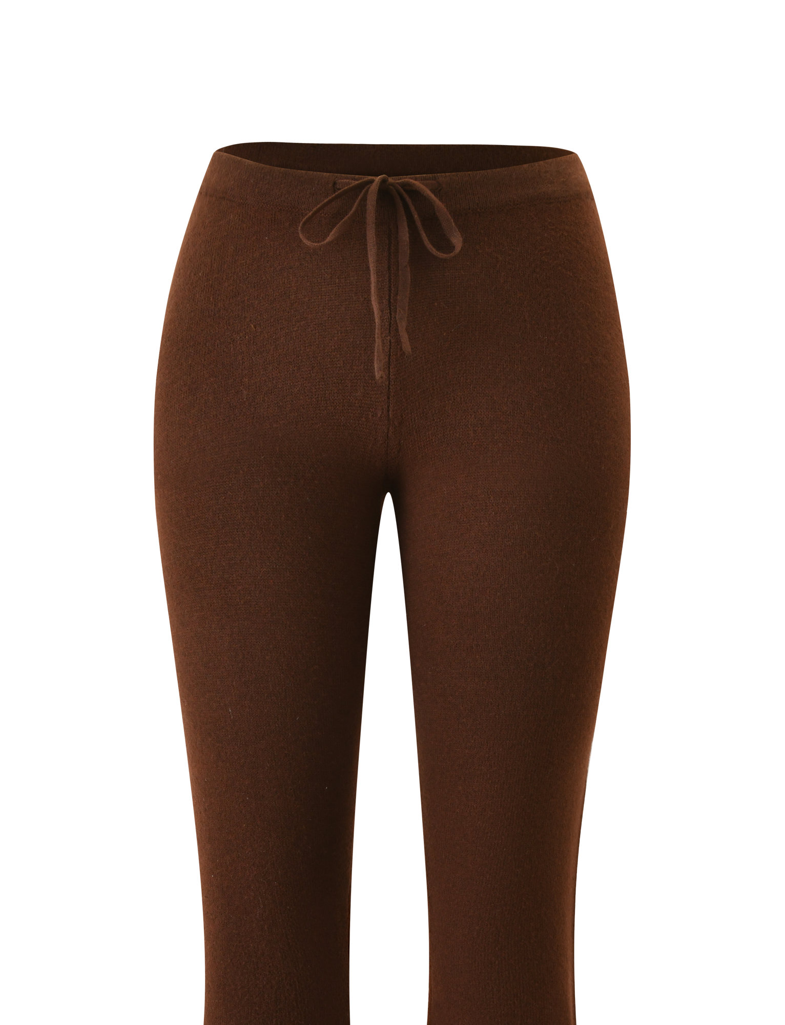 The TIGERMIST LEORA PANT - CHOCOLATE features a fitted silhouette, drawstring waist, and soft stretchy fabric for comfort. Flared legs add a modern touch. Shown against a white background.