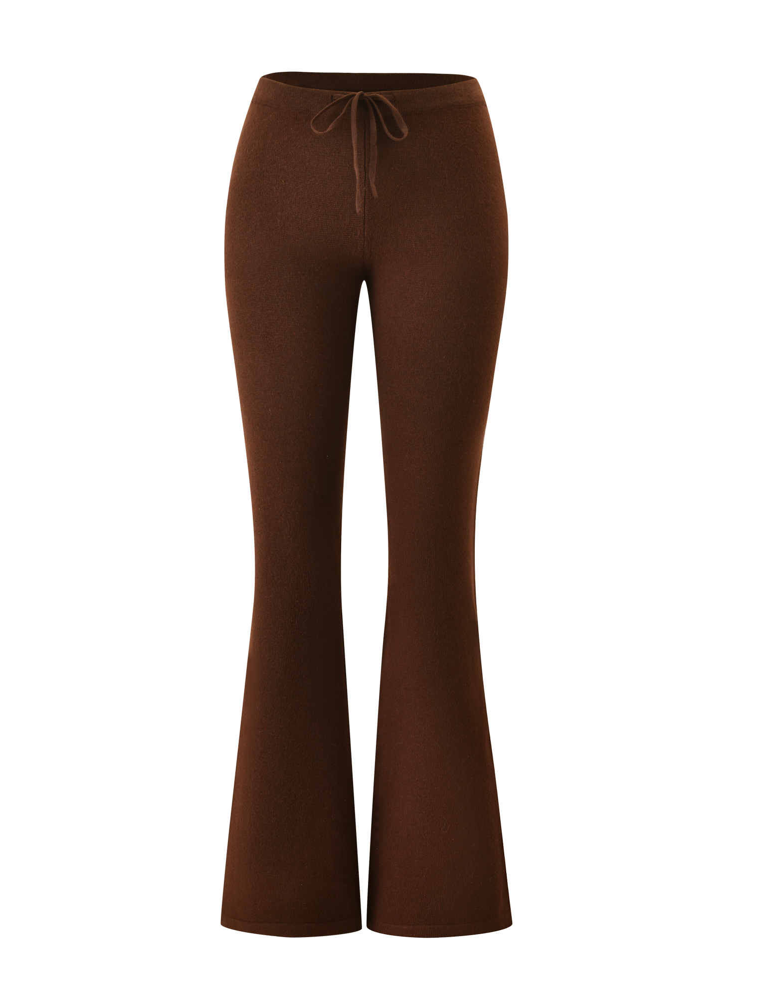 The LEORA PANT - CHOCOLATE by TIGERMIST features a high-waisted, flared silhouette and adjustable drawstring waist, shown against a white background.
