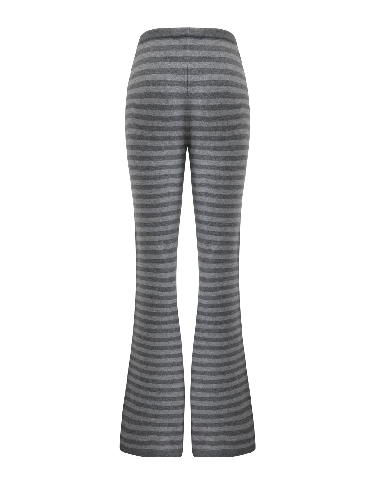 The LEORA PANT - GREY STRIPE by TIGERMIST features gray and dark gray horizontal stripes, a flared leg, and an elastic waistband—shown from the back on a white background. These stylish knit pants are ideal for comfortable, everyday wear.