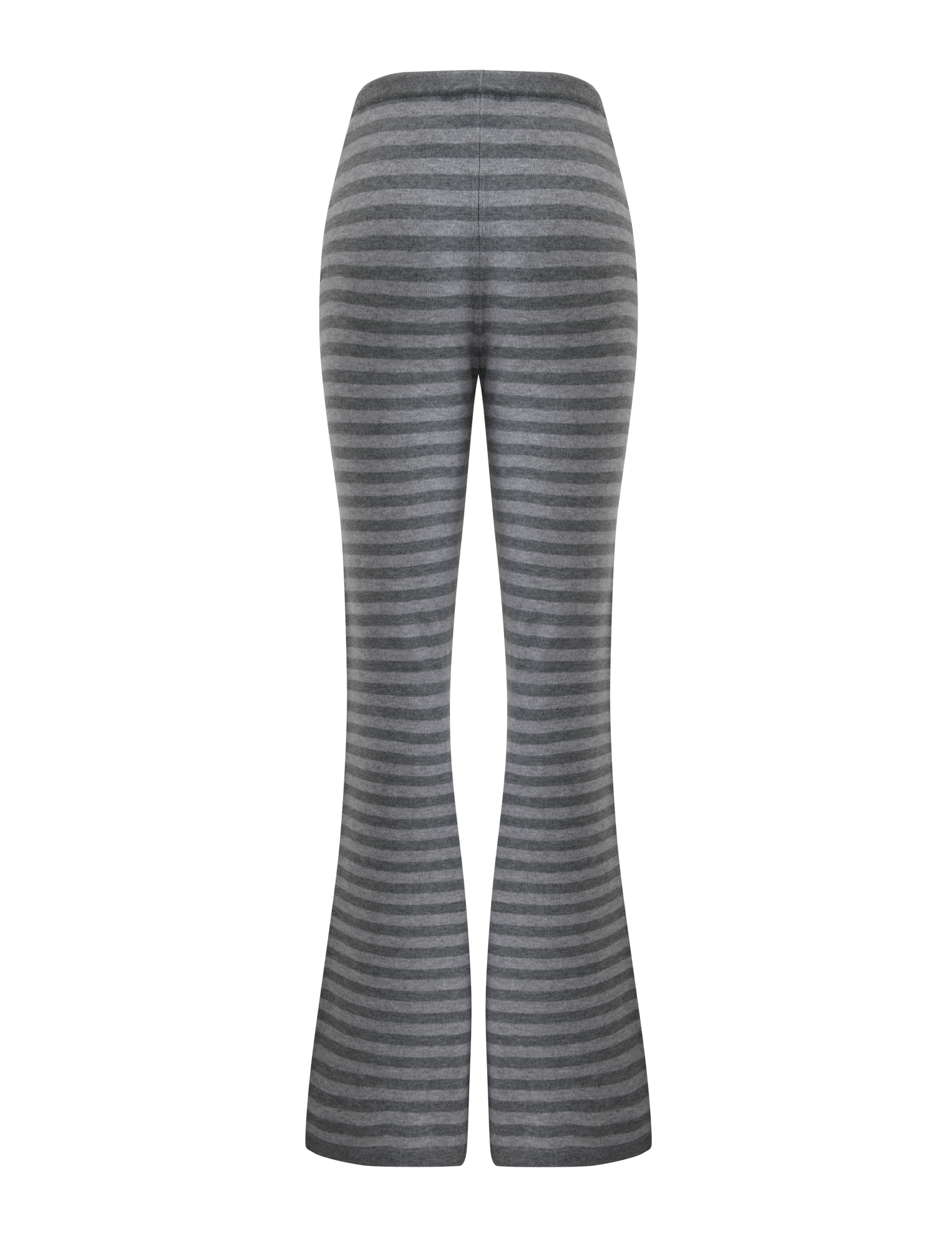 The LEORA PANT - GREY STRIPE by TIGERMIST features gray and dark gray horizontal stripes, a flared leg, and an elastic waistband—shown from the back on a white background. These stylish knit pants are ideal for comfortable, everyday wear.