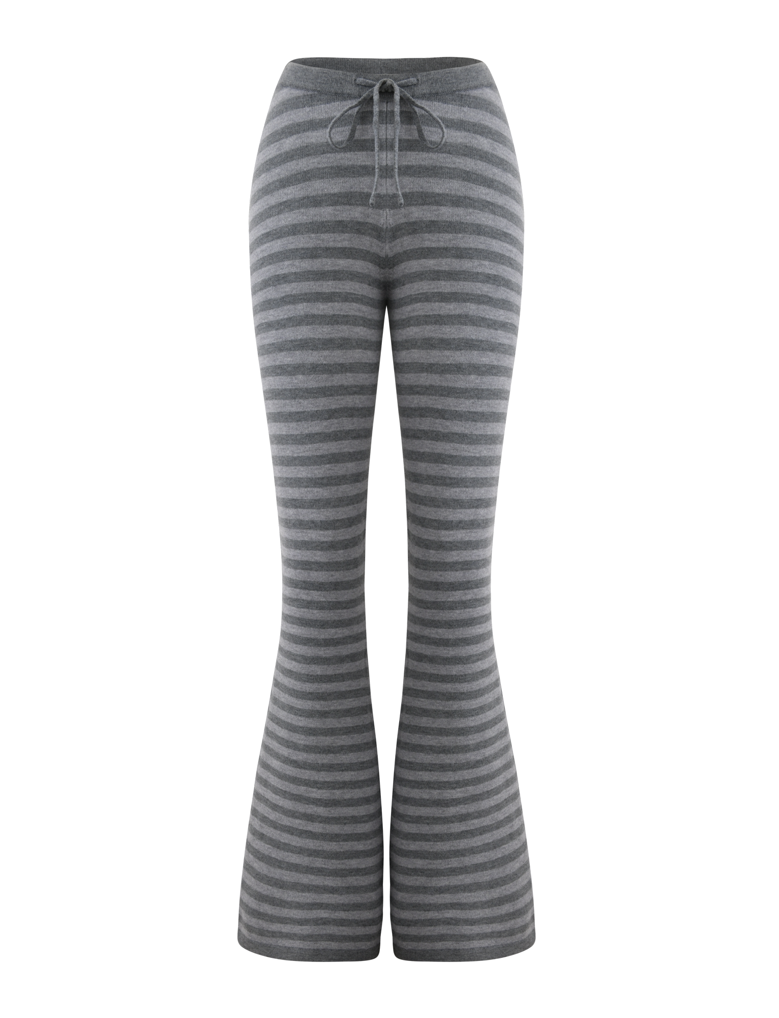 The TIGERMIST LEORA PANT - GREY STRIPE showcases a knit grey stripe design with a drawstring waist and flared legs, displayed on a white background.