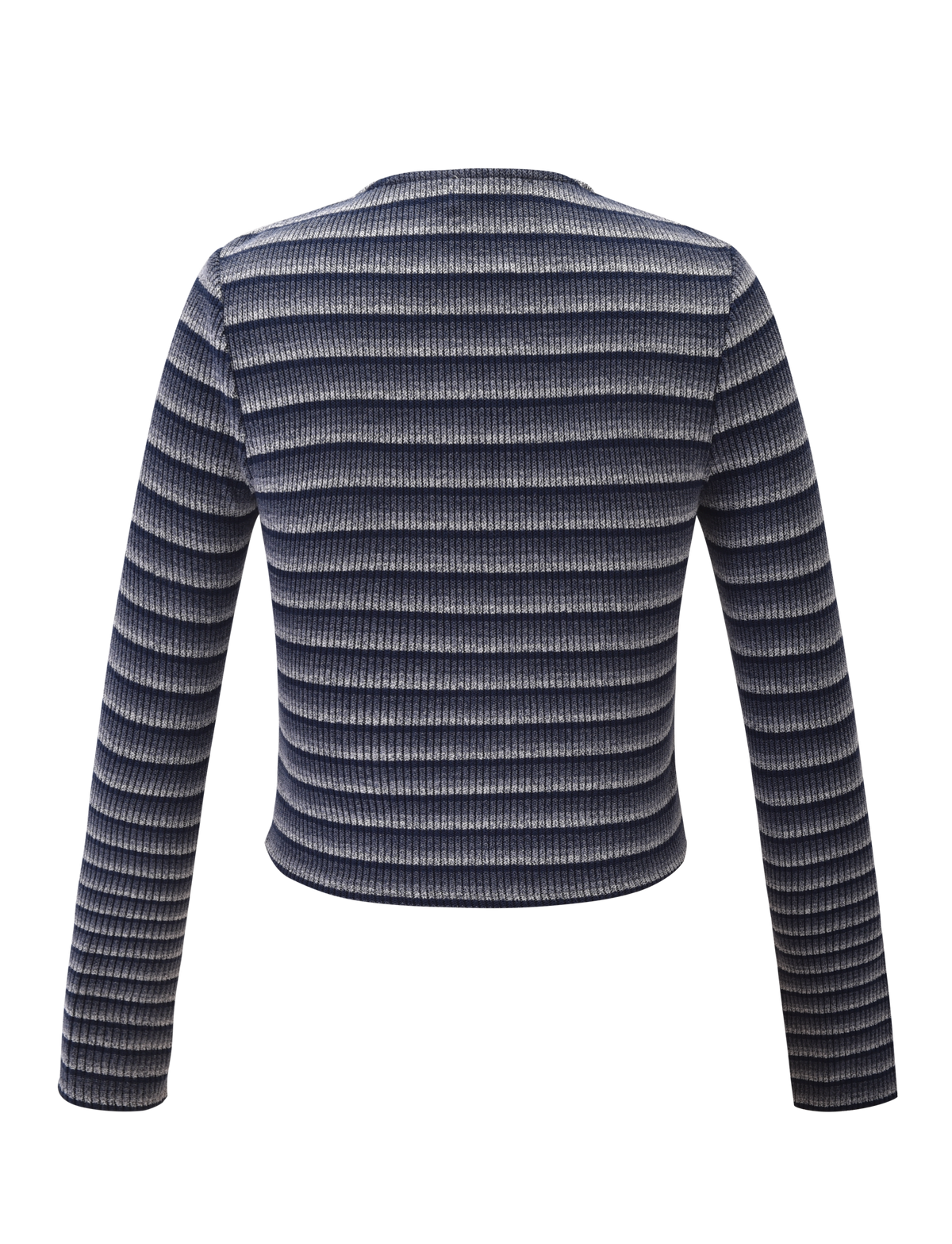 The TIMARA CARDIGAN - NAVY STRIP by TIGERMIST features long sleeves and ribbed navy fabric with horizontal white stripes, displayed from the back against a white background.