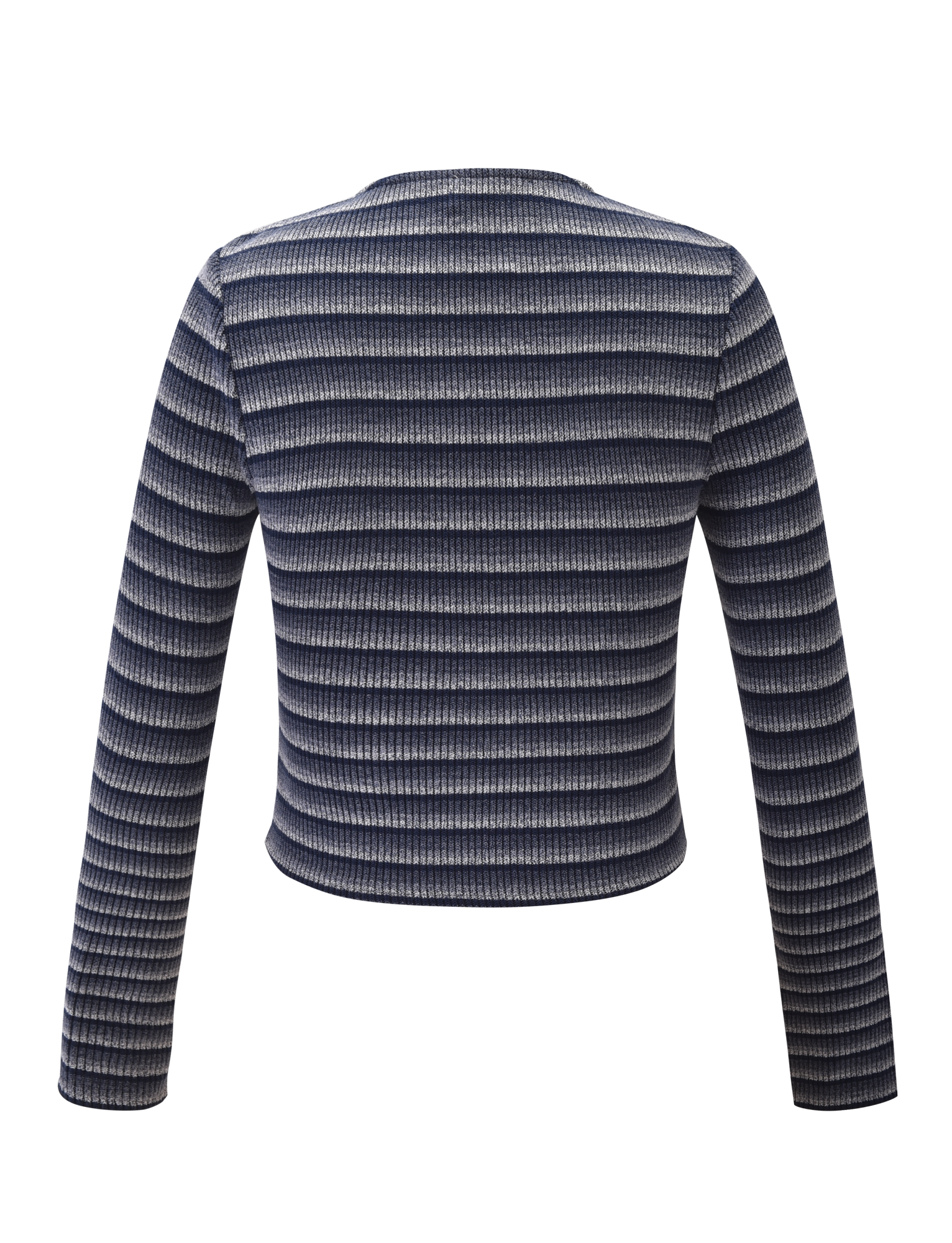 The TIMARA CARDIGAN - NAVY STRIP by TIGERMIST features long sleeves and ribbed navy fabric with horizontal white stripes, displayed from the back against a white background.