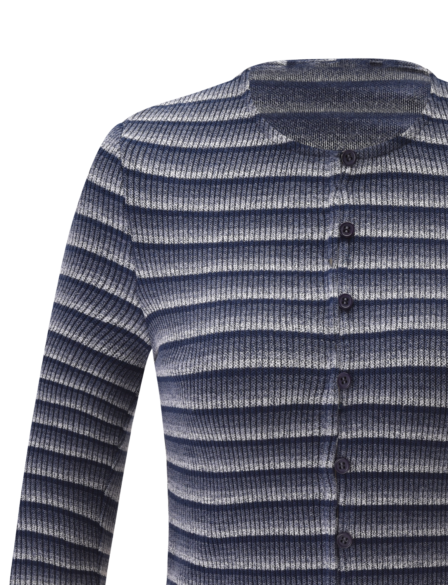 The TIMARA CARDIGAN - NAVY STRIP by TIGERMIST is a ribbed knit with mini buttons, featuring navy, white, and gray horizontal stripes crafted from space-dyed yarns.