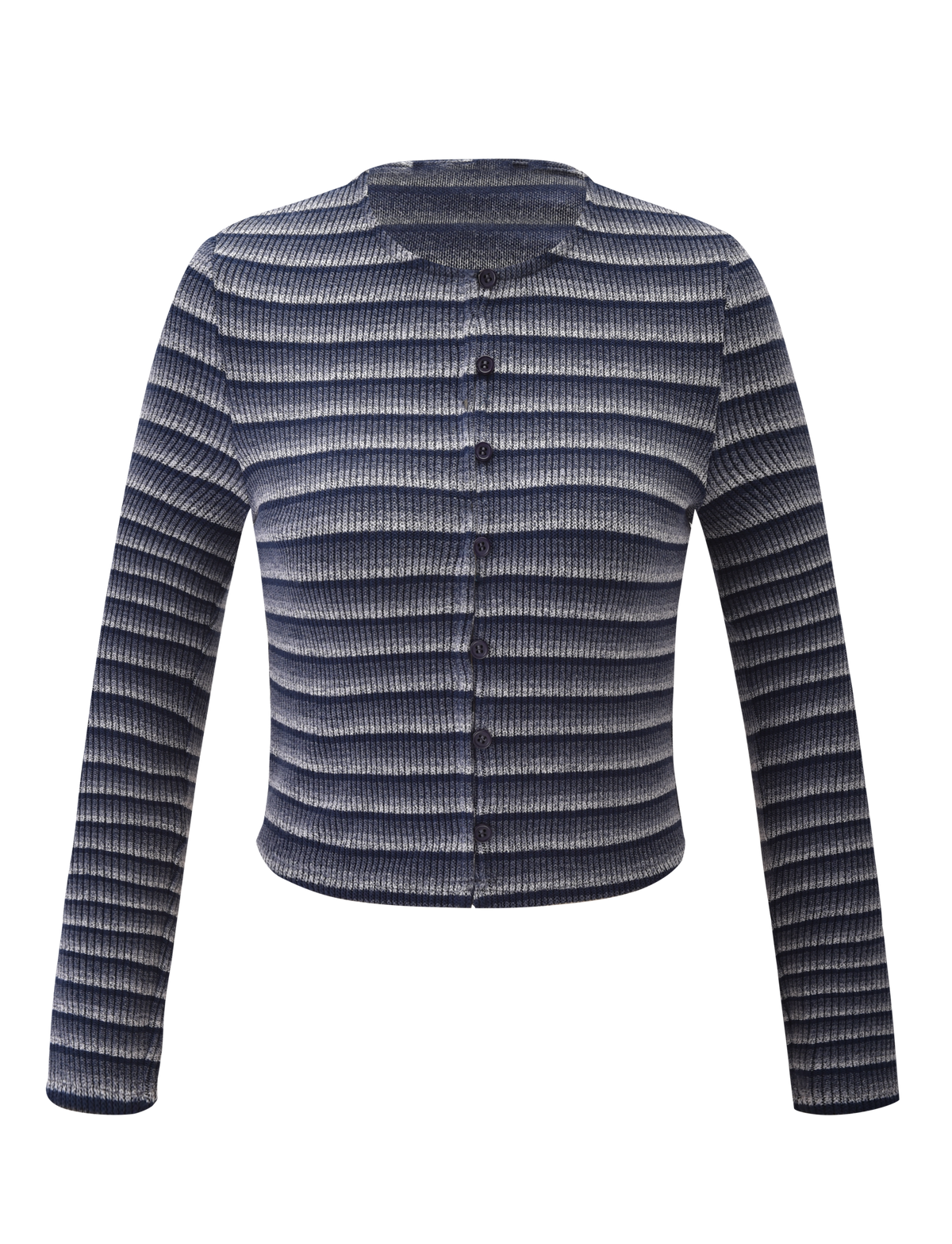 The TIMARA CARDIGAN - NAVY STRIP by TIGERMIST is a long-sleeve, navy striped knit cardigan with space-dyed yarns, round neckline, and front mini button closure, shown on a plain white background.